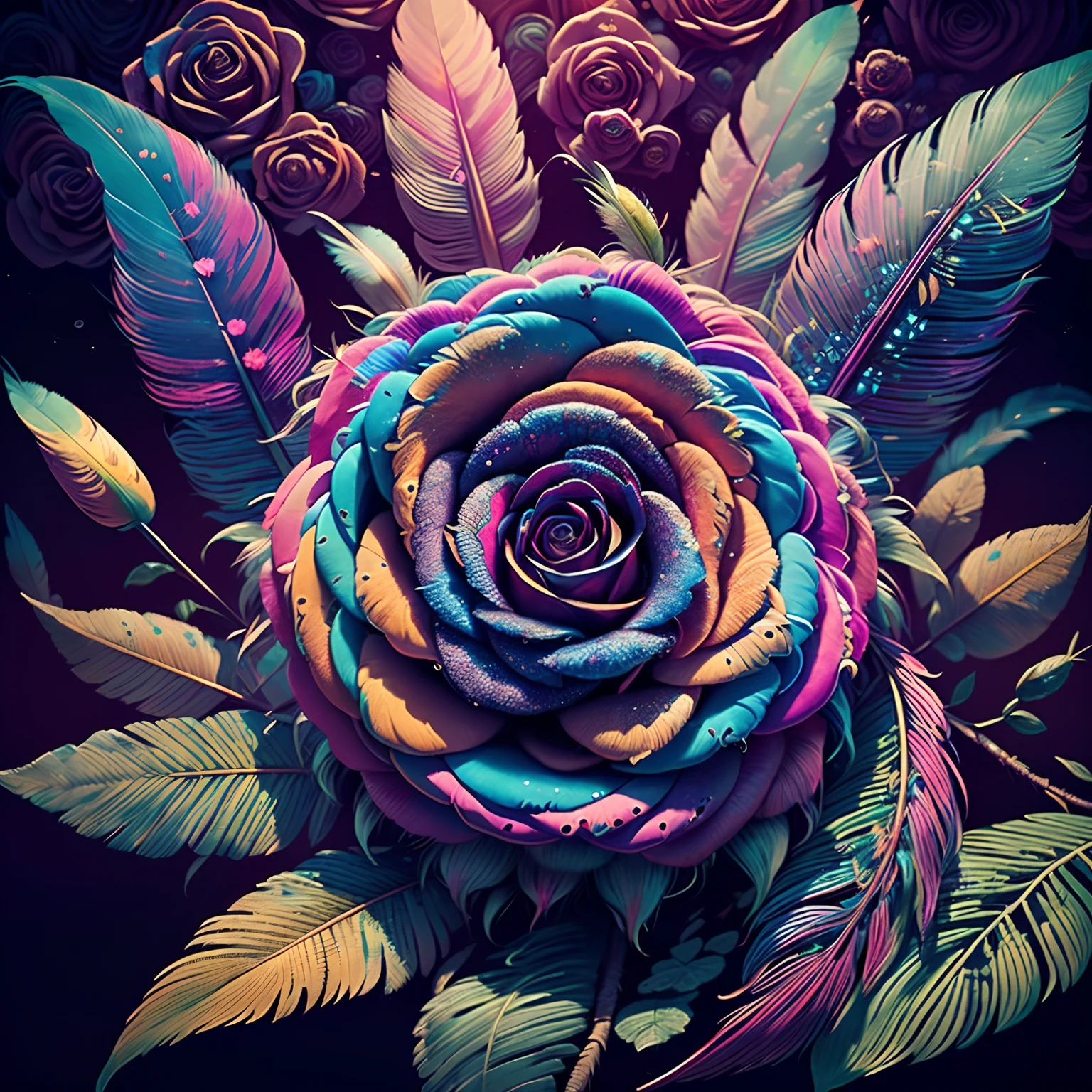 Riff Style 2 (top-quality, Best Quality, Official art, Plants and bird feathers, Beautiful and aesthetic flowers:1.2), (roses:1.3), Extremely detailed,(Fractal Art:1.1),(Colorful:1.1)(Flowers:1.3),highest details,(Zentangle:1.2), (Dynamic Pose), (Colorful abstract background:1.3), (Glossy flowers), (Many colors:1.4), Colorful Accessories, (Feathers:1.5)