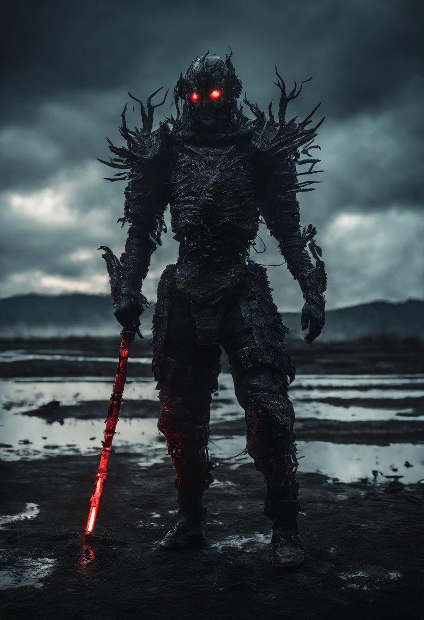 Cyberpunk Demon Warrior wearing Neon Mecha Armour Holding a Staff in a lake of blood, glowing light eyes, Wide Shot, Biomechanical, eerie, Creepy, nightmarish, Very bright neon colours, Light particles, with light glowing, winner of the year's best photo, the world on fire, post-apocalyptic hellscape military photography, photo epic of the year, fire on the horizon, epic cinematic shot, pure form, intricate detail, 8k post-production, High resolution, super Detail,