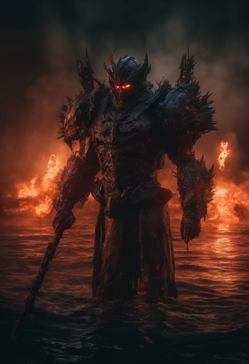 Cyberpunk Demon Warrior wearing Neon Mecha Armour Holding a Staff in a lake of blood, glowing light eyes, Wide Shot, Biomechanical, eerie, Creepy, nightmarish, Very bright neon colours, Light particles, with light glowing, winner of the year's best photo, the world on fire, post-apocalyptic hellscape military photography, photo epic of the year, fire on the horizon, epic cinematic shot, pure form, intricate detail, 8k post-production, High resolution, super Detail,