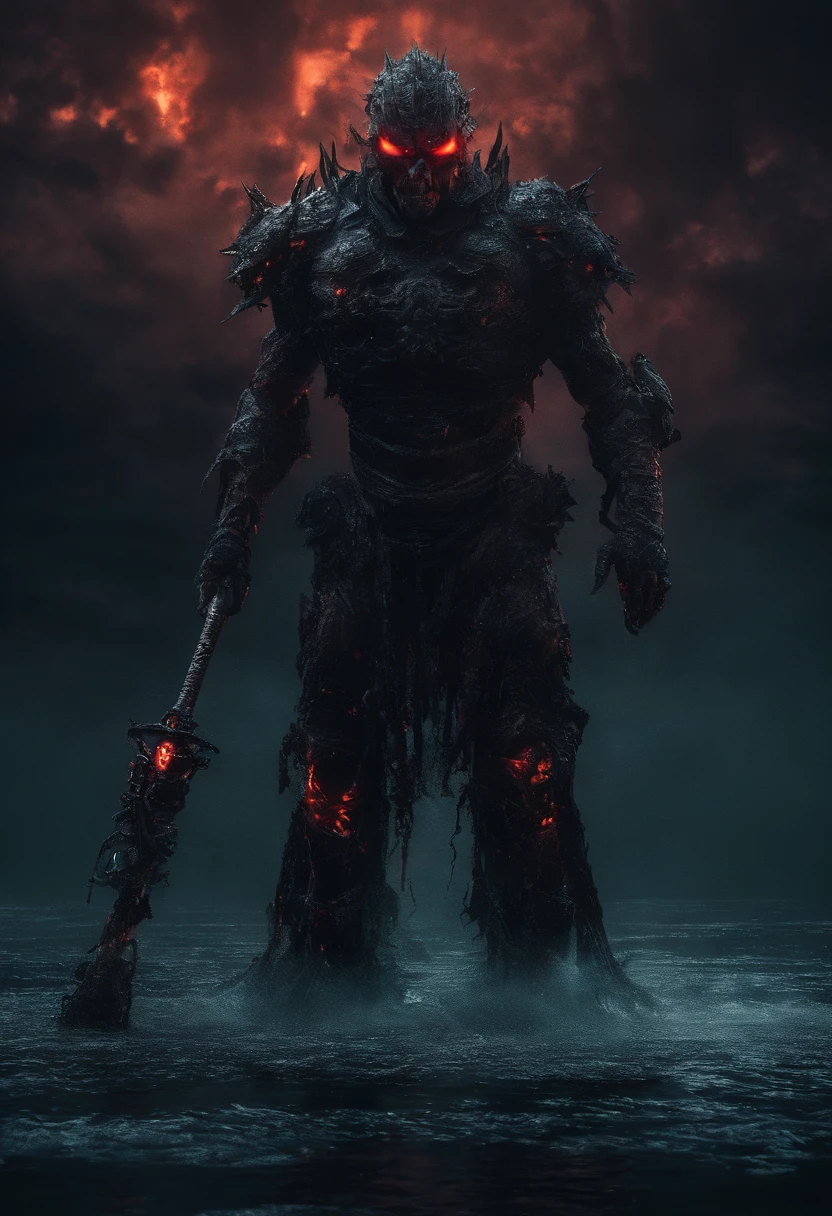 Cyberpunk Demon Warrior wearing Neon Mecha Armour Holding a Staff in a lake of blood, glowing light eyes, Wide Shot, Biomechanical, eerie, Creepy, nightmarish, Very bright neon colours, Light particles, with light glowing, winner of the year's best photo, the world on fire, post-apocalyptic hellscape military photography, photo epic of the year, fire on the horizon, epic cinematic shot, pure form, intricate detail, 8k post-production, High resolution, super Detail,