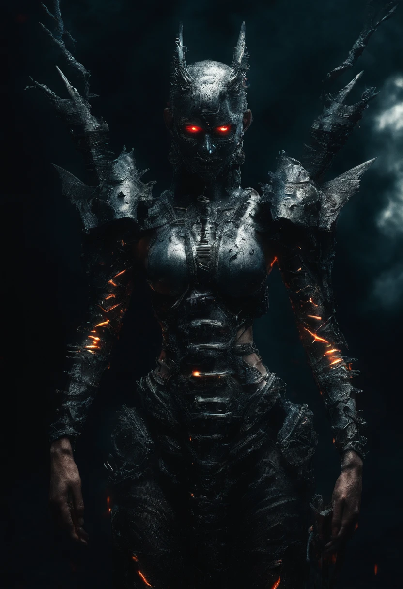 Cyberpunk Succubus Warrior wearing Neon Mecha Armour Holding a Staff, glowing light eyes, Wide Shot, Biomechanical, eerie, Creepy, nightmarish, Very bright neon colours, Light particles, with light glowing, winner of the year's best photo, the world on fire, post-apocalyptic hellscape military photography, photo epic of the year, fire on the horizon, epic cinematic shot, pure form, intricate detail, 8k post-production, High resolution, super Detail,