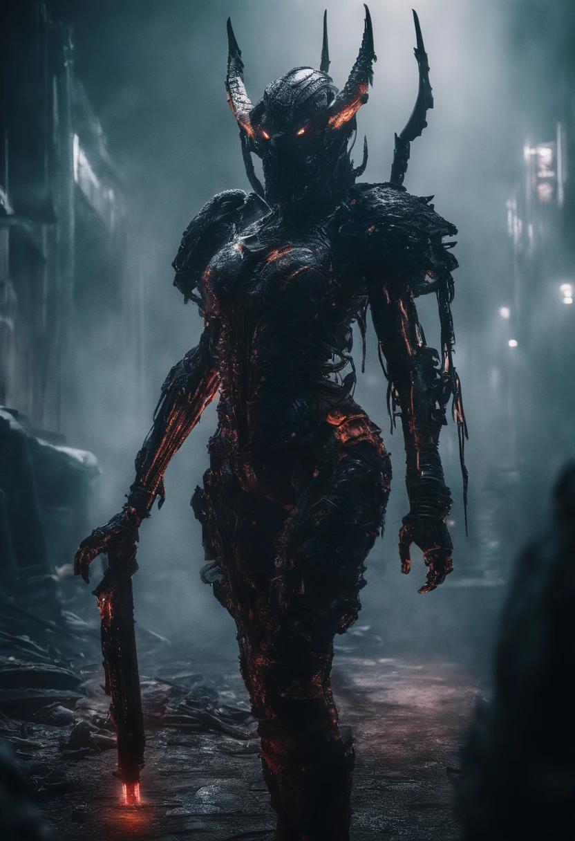 Cyberpunk Succubus Warrior wearing Neon Mecha Armour Holding a Staff, glowing light eyes, Wide Shot, Biomechanical, eerie, Creepy, nightmarish, Very bright neon colours, Light particles, with light glowing, winner of the year's best photo, the world on fire, post-apocalyptic hellscape military photography, photo epic of the year, fire on the horizon, epic cinematic shot, pure form, intricate detail, 8k post-production, High resolution, super Detail,