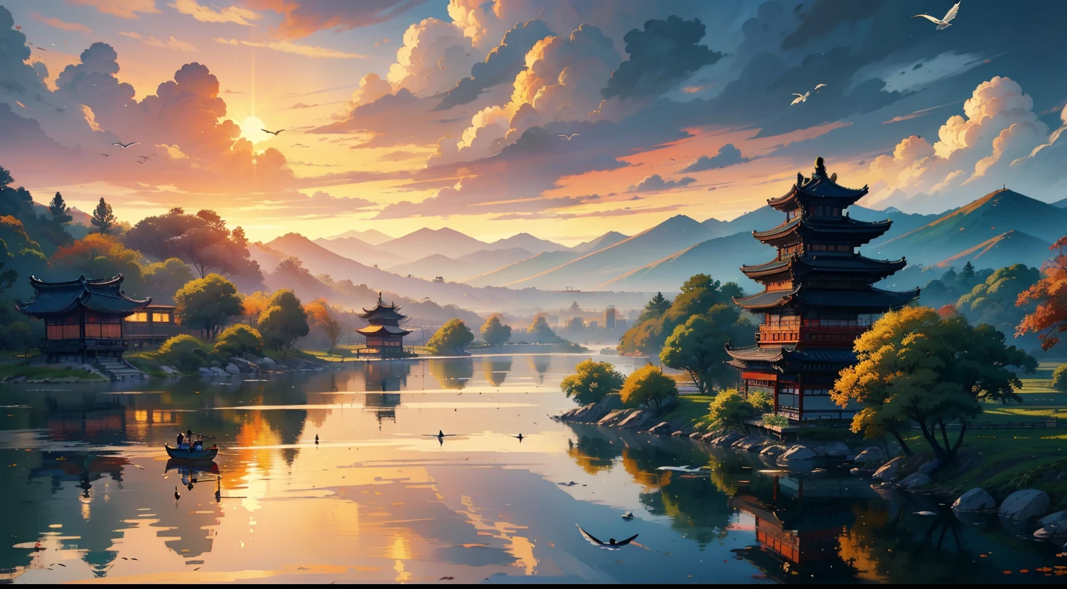 Sunset,The sunset and the solitary crane fly together,Cut across the sky。The sunset is like fire,Emits red light、de cor laranja、Rich yellow color。The lone crane flies high,Soar the sky alone,Show free、Tenacious spirit。Autumn water flows quietly,Blend in with the sky,There is a tranquility、Clear vision。The sky is the same,Merge sky and water with nature,Magnificent。Teng Wang Pavilion scene,A towering loft rises above the hilltop,It seems to be connected to the cloud。The attic consists of red walls and white tiles,Magnificent,Demonstrate prestige and power。The pavilion hangs ornate curtains,Flutter in the wind,It gives a casual feeling。King Teng's Pavilion is at the water's edge,The bird is a little lower