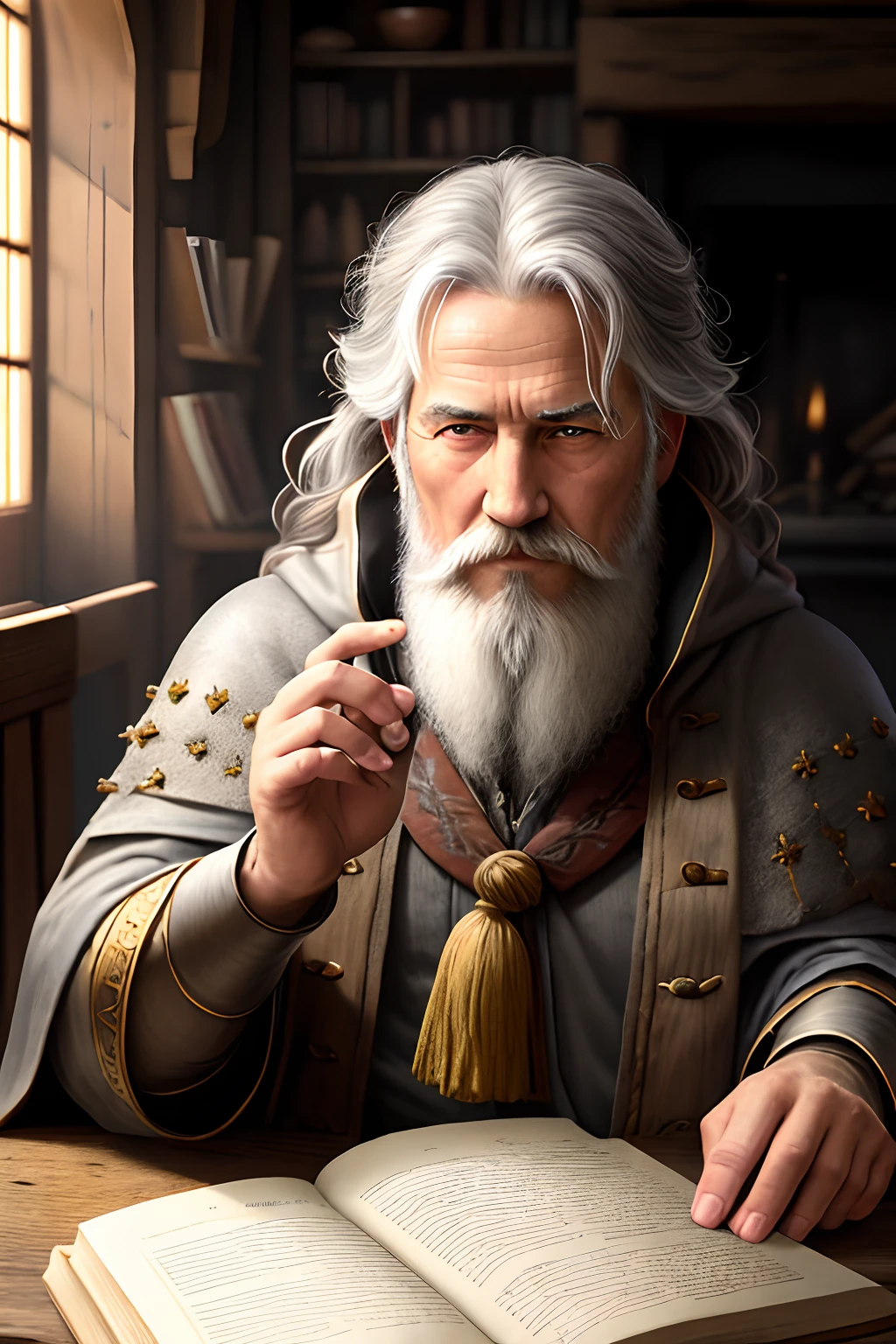 photore， Old evil hermit， medieval times， piercing_deep-set_eyes， Wrinkled face， dark_stichted_cloak， （Dramatic lighting：1.25）， （Shadow background：1.2）， （dirty_ unkempt_gray_hair：1.2）， （long_shaggy_beard：1.3）， （Faded color：1.1）， （Sharp focus：1.1）， （shadowing：1.2）， （Subtle HDR：1.3）， （realistic skin textures：1.25）， （Detailed hair：1.2）， （Grit texture：1.1）， （Cinematic look：1.2）， （powerful posture：1.3）， （Blushlush：0.5）， （goosebumps：0.5），sub surface scattering，detailed_grey_eyes，old book，Ancient，There was a fire in the house