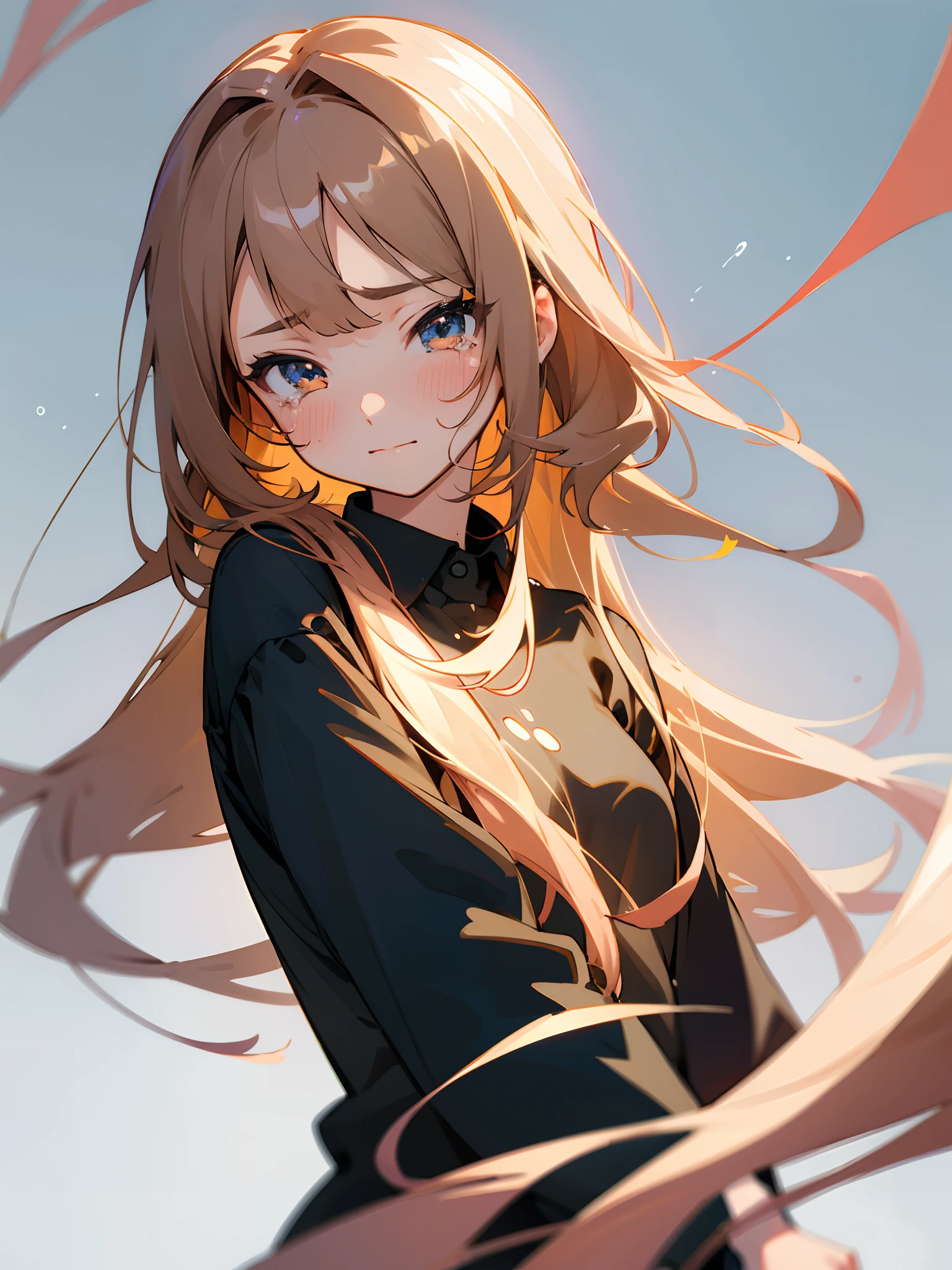 Bronze hair and faint smile, Medium Hair Pixiv , real life anime girl, cute natural anime face, Very beautiful cute, Black shirt handwriting style,Hand drawn illustration style, handdraw, Crying girl、natural hand,Natural arms