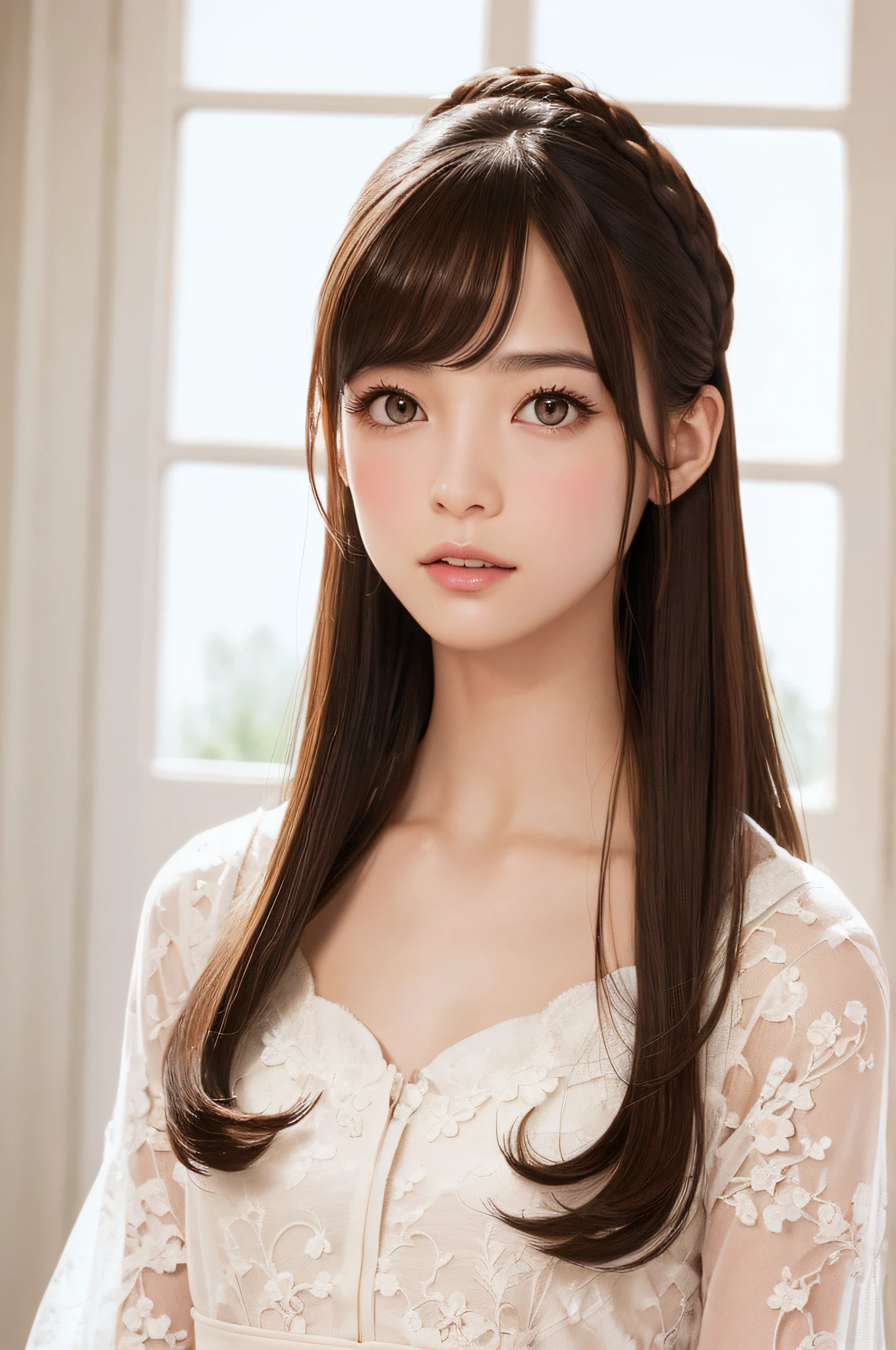 (masutepiece:1.3), High resolution, ultra-detailliert, the Extremely Detailed CG Unity 8K Wallpapers, Realistic, Photorealsitic, Raw photo, beautifull detailed face, pale skin, realistic glistening skin, Detailed Cloth Texture, detailed hair texture, Perfect body, Beautiful face, acurate, Anatomically correct, Highly detailed face and skin texture, Natural neck length, (Fair skin:1.2), thin legs, Thin feet, (Aligned teeth:1.1), Sweaty skin, BREAK, Detailed eyes, symmetrical eye, Light brown eyes, Double eyelids, Thin eyebrows, (Sleepy eyes:1.1), (Glossy lips:1.4), (Mouth waiting for a kiss:1.2), (blush:1.2), (Small hair accessories that sparkle:1.1), BREAK, (classy girl:1.3), (Wearing (doress:1.2) With a white floral pattern), BREAK, ((Close Up Shot:1.2)), medium breasts, Slender figure, Firm abs, ((up do hairstyle, Dark blonde hair, Wavy Hair, Long hair:1.1)), ((asymmetric bangs:1.2)),