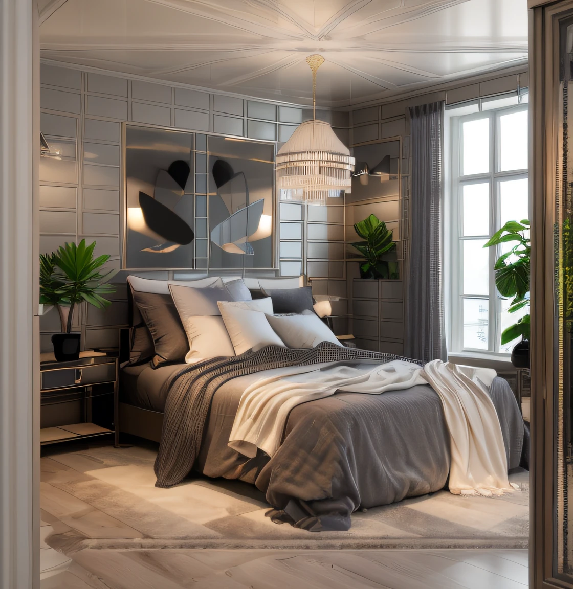 in the night, nice lighting,
luxurious bedroom interior design, luxury interior, luxurious bed,tufted carpet, large glass window with gray drapes, natural light, softlight, (flat white ceiling),masterpiece, realistic, high quality, potted plants