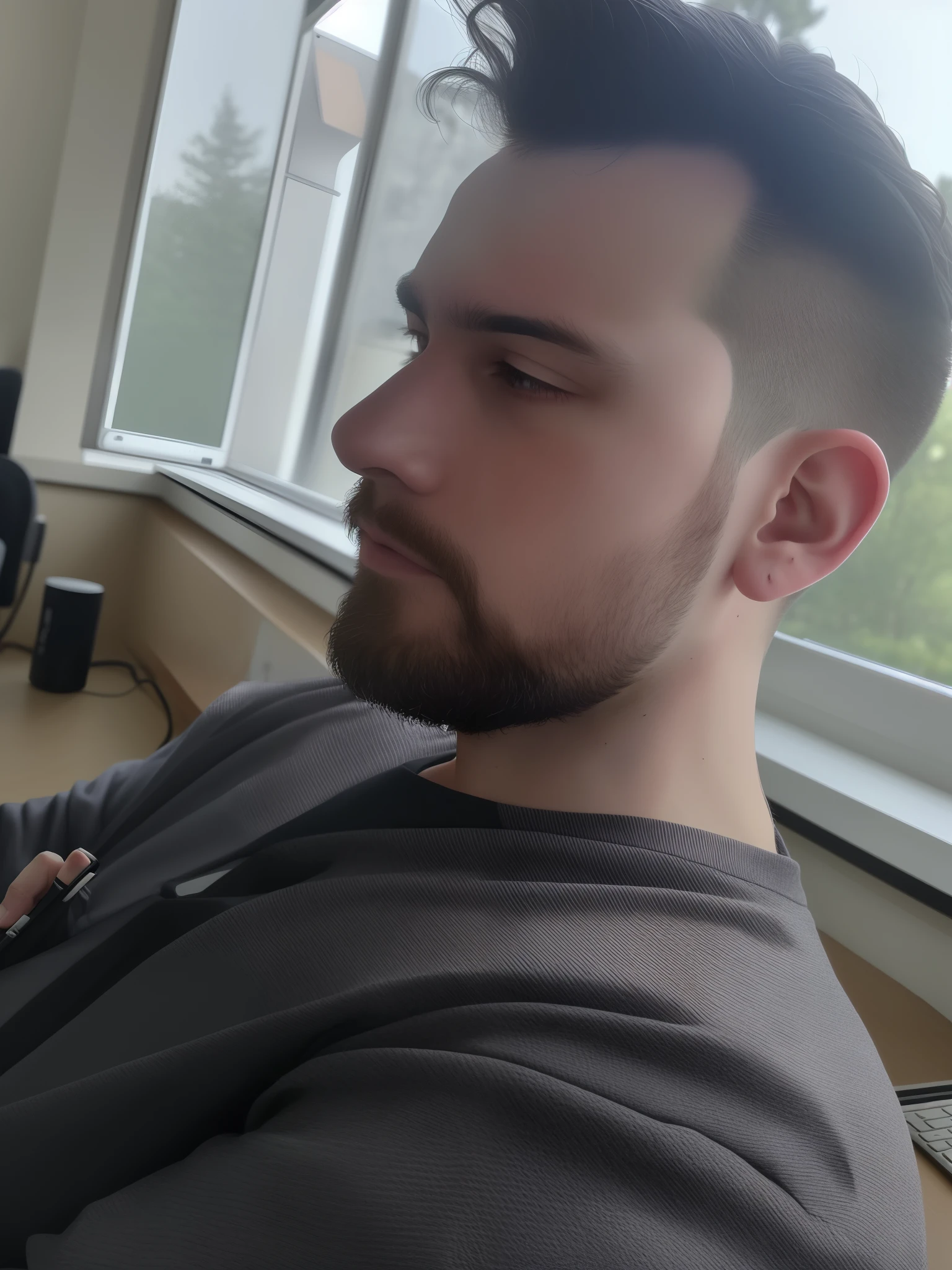 A man is sitting at a desk with a laptop computer, neckbeard, twitch streamer / gamer ludwig, very very low quality picture, Small beard, with a small beard, View your profile, forrest in background, selfie photography 8k, low quality photo, around 1 9 years old, Shaved bristles, sideburns, Shaved beard, Thin, pointed chin