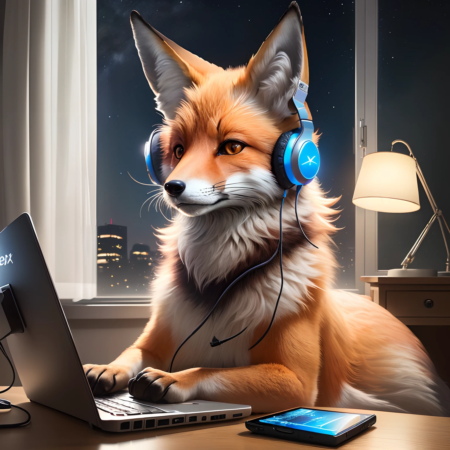A fox with head phone is using computer in a room, it’s a night time