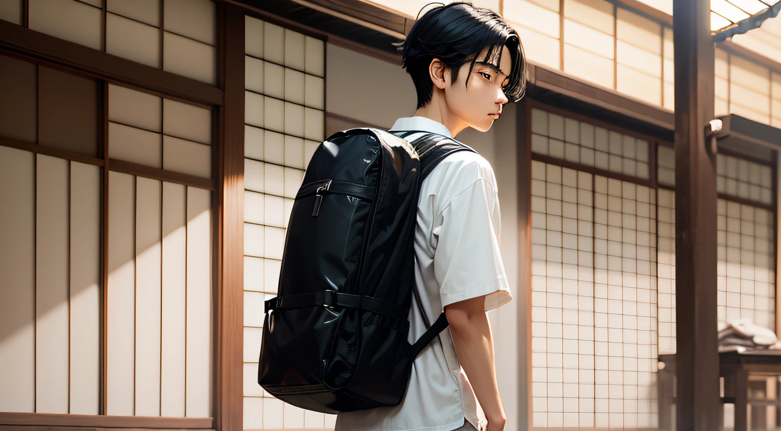 A teen japanese man,black hair,carrying a black bagpack,white shirt standing inside ryokan