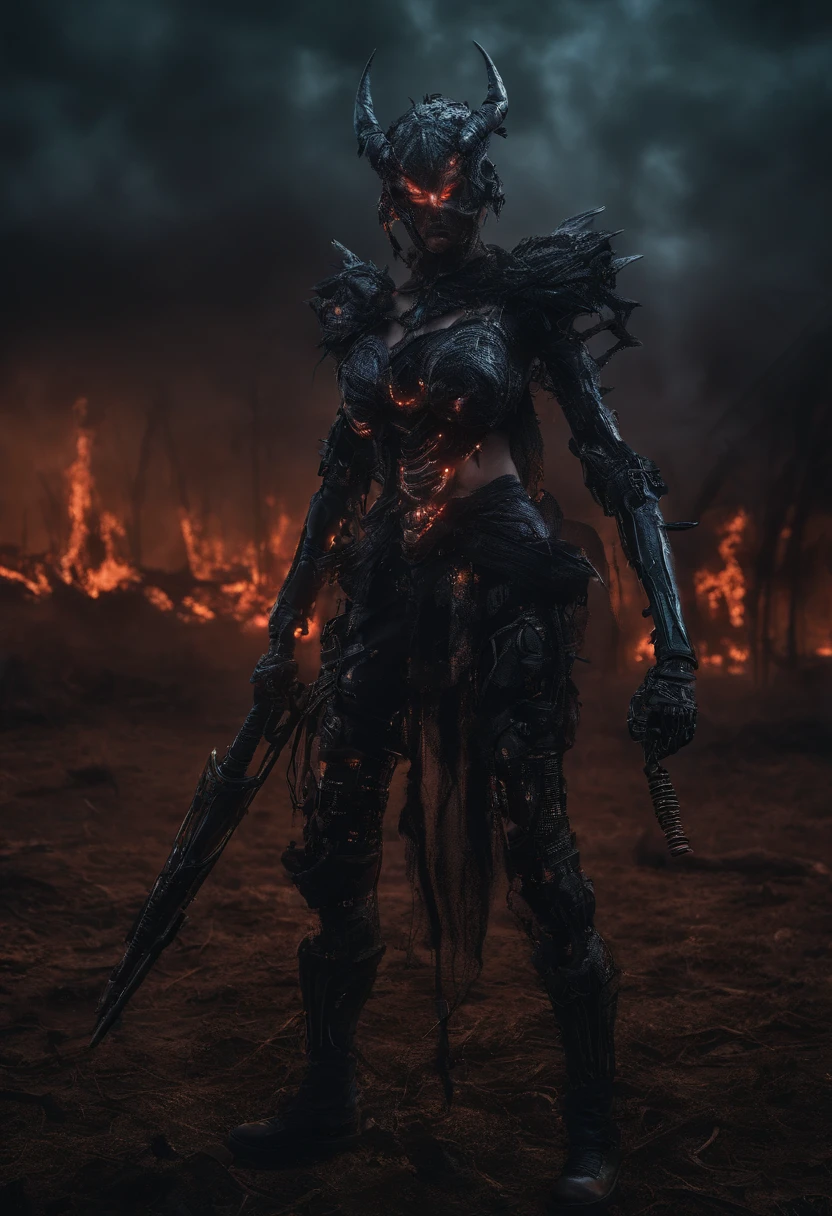 Cyberpunk Succubus Warrior wearing Neon Mecha Armour Holding a Staff in a field of blood, glowing light eyes, Demon wings, Wide Shot, Biomechanical, eerie, Creepy, nightmarish, Very bright neon colours, Light particles, with light glowing, winner of the year's best photo, the world on fire, post-apocalyptic hellscape military photography, photo epic of the year, fire on the horizon, epic cinematic shot, pure form, intricate detail, 8k post-production, High resolution, super Detail,