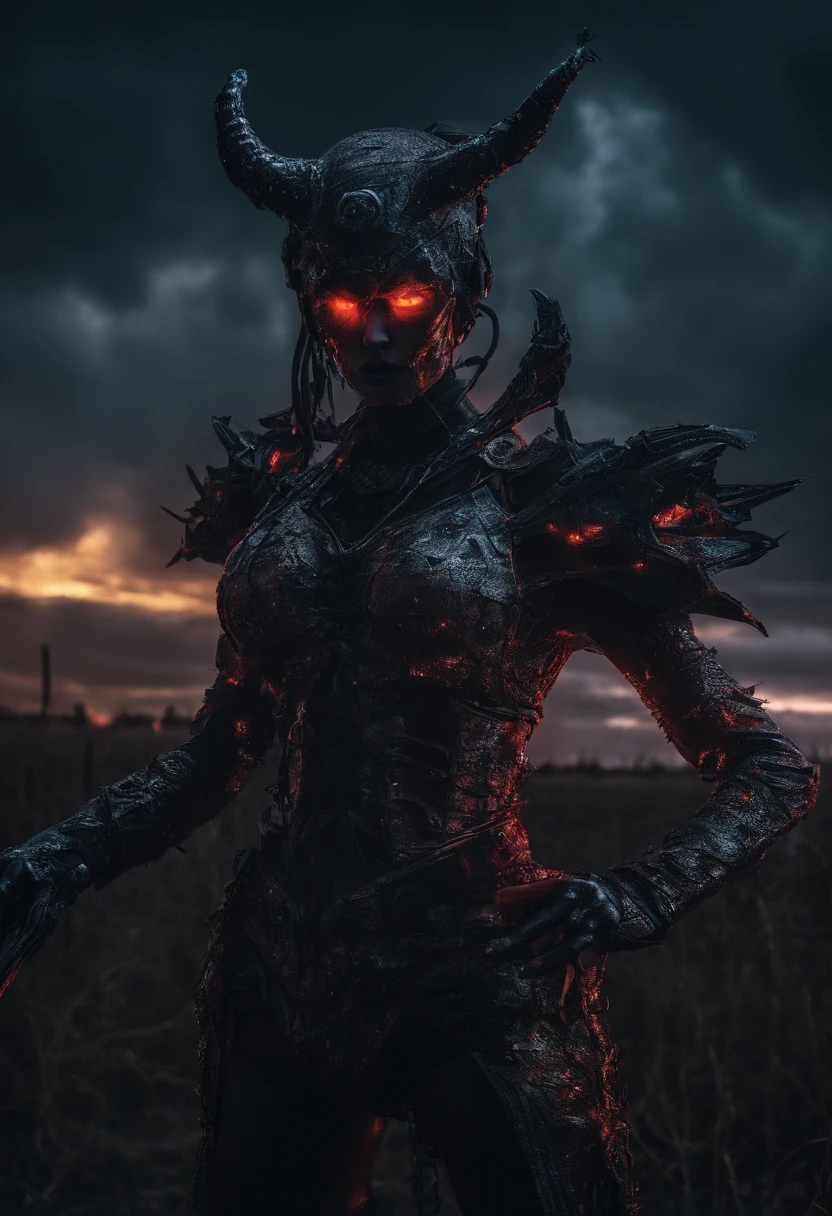 Beautiful Succubus Warrior wearing Neon Mecha Armour Holding a Staff in a field of blood, glowing light eyes, Demon wings, Wide Shot, Biomechanical, eerie, Creepy, nightmarish, Very bright neon colours, Light particles, with light glowing, winner of the year's best photo, the world on fire, post-apocalyptic hellscape military photography, photo epic of the year, fire on the horizon, epic cinematic shot, pure form, intricate detail, 8k post-production, High resolution, super Detail,