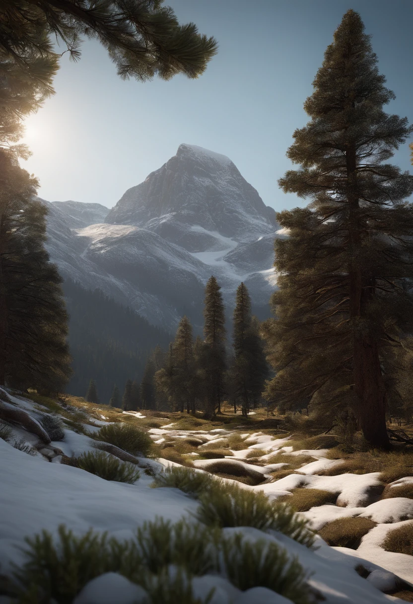 Mountain valley landscape, ((Pine at the foot of the mountain)), ((Snow on the top of the mountain)), Cinematic, 8K, Detailed, Realistic, Octane Render, (((Intricate details)), nffsw, ((Intricate details, hyperdetails)), Photorealistic, Ultrarealistic, Realistic Shadows, Realistic lighting