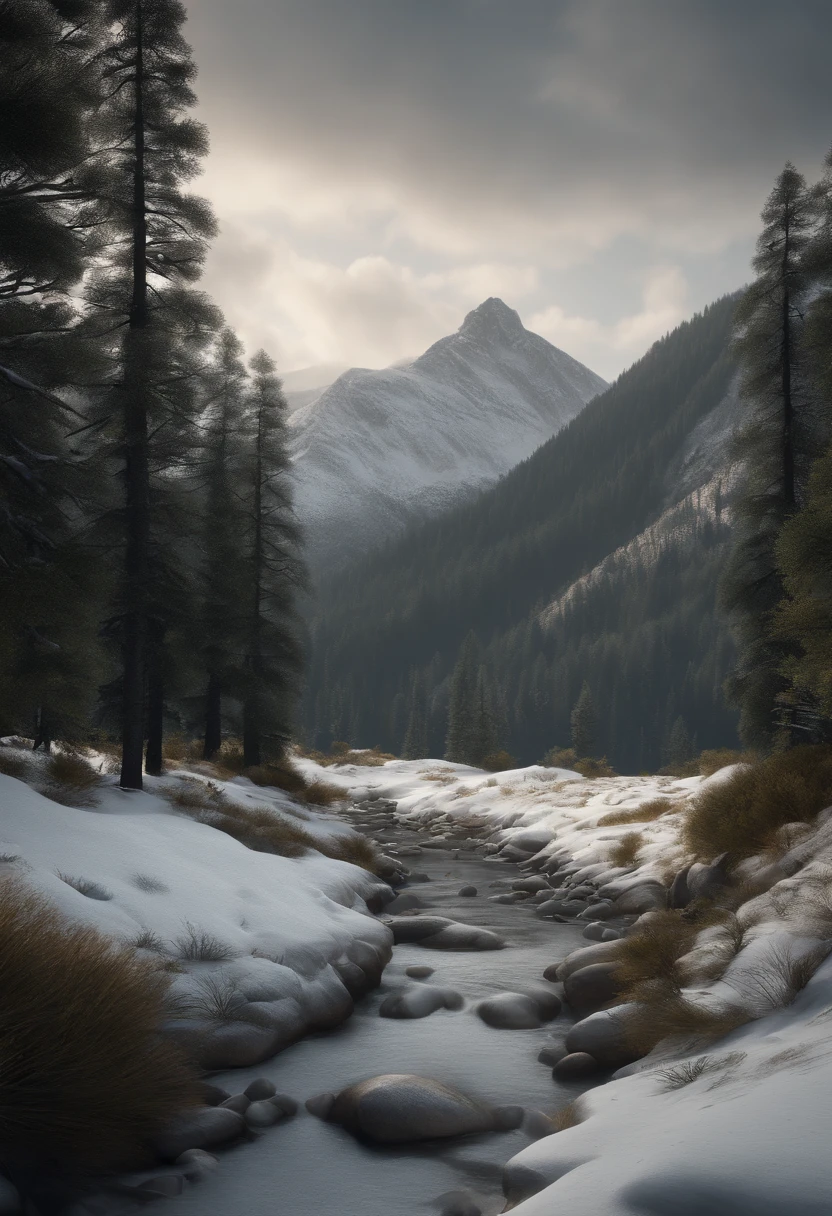 Mountain valley landscape, ((Pine at the foot of the mountain)), ((Snow on the top of the mountain)), Cinematic, 8K, Detailed, Realistic, Octane Render, (((Intricate details)), nffsw, ((Intricate details, hyperdetails)), Photorealistic, Ultrarealistic, Realistic Shadows, Realistic lighting