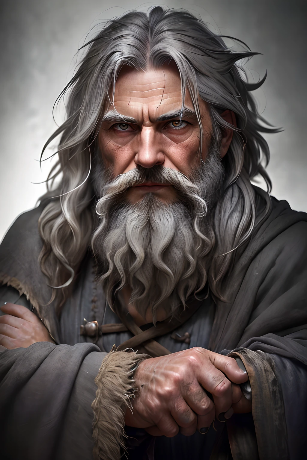photo, old evil hermit, medieval, piercing_deep-set_eyes, wrinkled face, dark_stichted_cloak, (dramatic lighting:1.25), (shadowy background:1.2), (dirty_ unkempt_gray_hair:1.2), (long_shaggy_beard:1.3), (faded colors:1.1), (sharp focus:1.1), (shadows:1.2), (subtle HDR:1.3), (realistic skin texture:1.25), (detailed hair:1.2),  (gritty texture:1.1), (cinematic look:1.2), (powerful pose:1.3), (blush:0.5), (goosebumps:0.5), subsurface scattering, detailed_grey_eyes