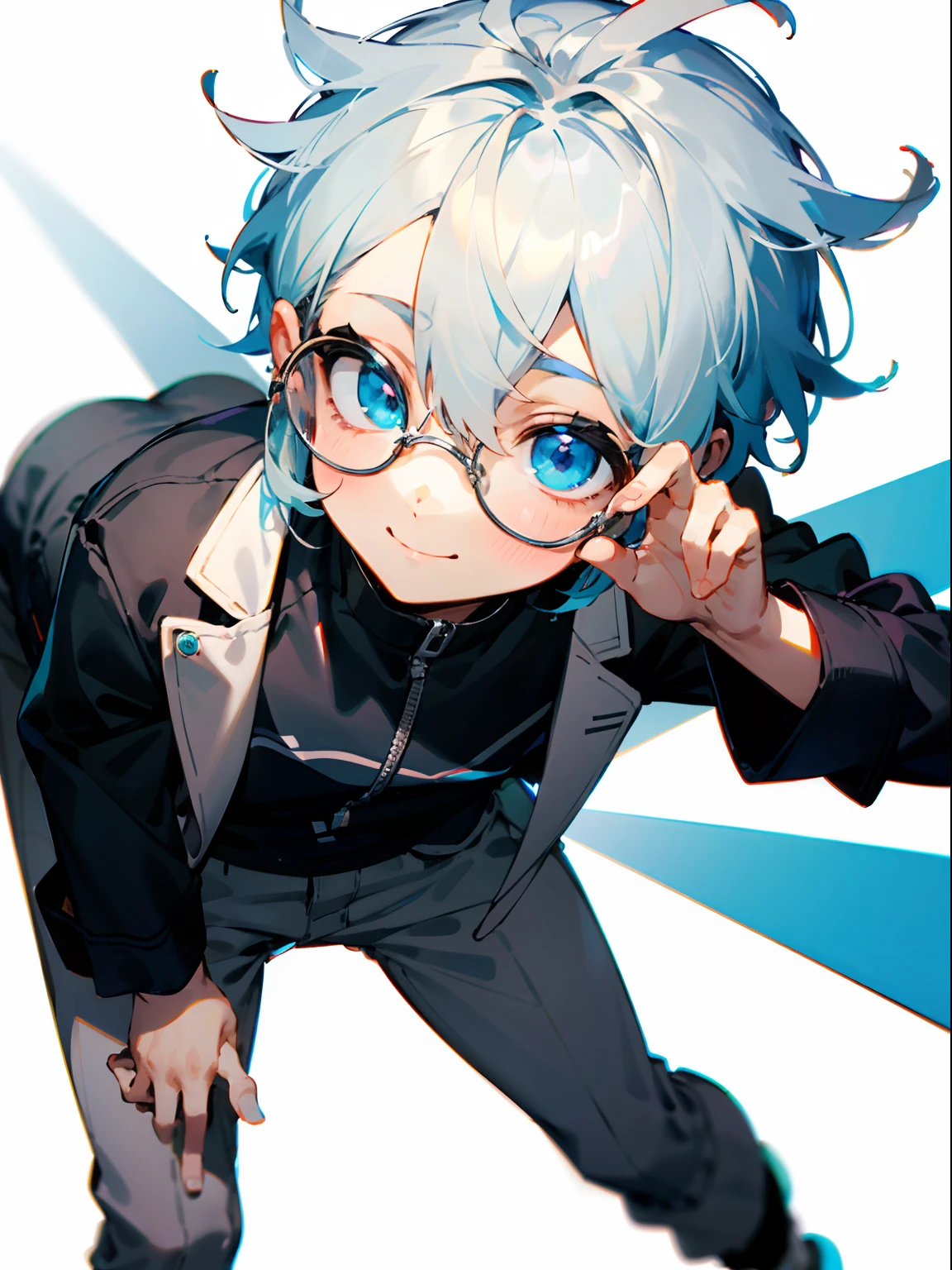 (Male child, eye glasses,blue eyess，A smile, silber hair)