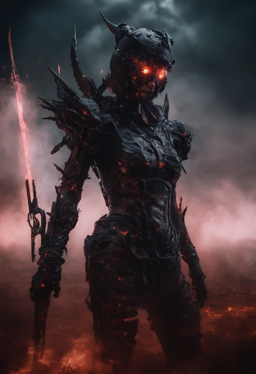 Cyberpunk Succubus Warrior wearing Neon Mecha Armour Holding a Staff in a field of blood, glowing light eyes, Demon wings, Wide Shot, Biomechanical, eerie, Creepy, nightmarish, Very bright neon colours, Light particles, with light glowing, winner of the year's best photo, the world on fire, post-apocalyptic hellscape military photography, photo epic of the year, fire on the horizon, epic cinematic shot, pure form, intricate detail, 8k post-production, High resolution, super Detail,