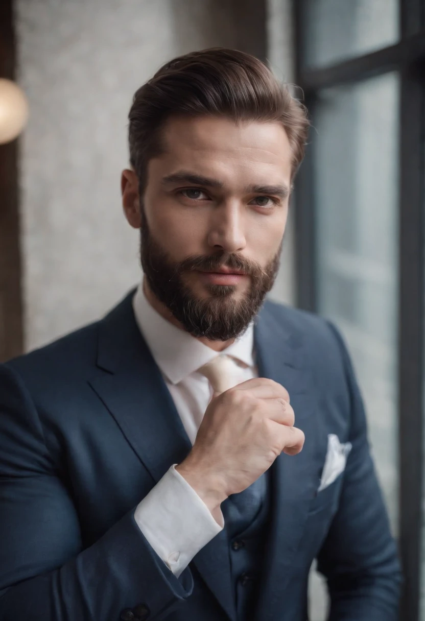 Magnifique homme en costume , Belle barbe , Executive Sexy Man, Terno donc, Front camera focus, mode portrait, perfectly straight in front of the camera