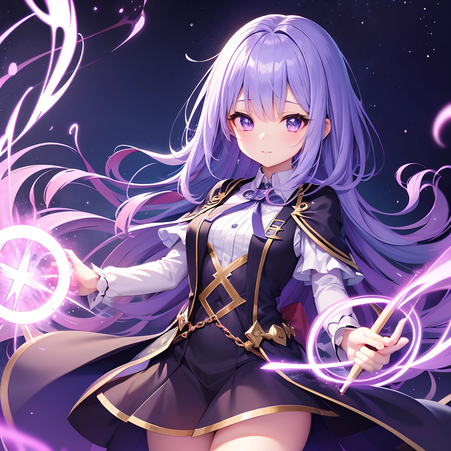 紫色の髪と紫色のドレスを着て杖を持っているアニメの女の子 - SeaArt AI