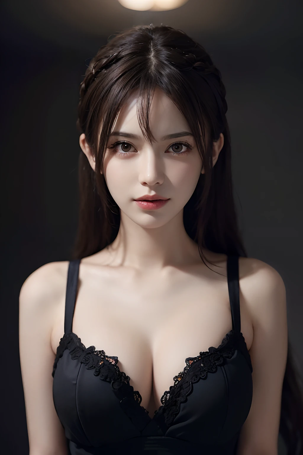 masutepiece, Photorealsitic, Best Quality, intricate and delicate, 8k wallpaper, top-quality, ​masterpiece, realisitic, ultra-detailliert, 1人の女性, 25 year old beautiful woman, ((Facing the front)), bilaterally symmetrical, ((Look at viewers)), Dynamic lighting, Volumetric lighting, extra detailed face, Long hair, Delicate collarbones, Bare shoulders, well-shaped bust, cleavage of the breast