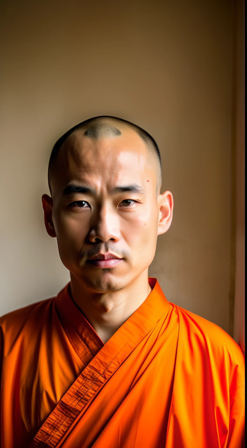 Adult bald Chinese monk masculine dangerous straight looking respected man dressed in orange monk dress whom people love to get advice and with only one source of light on face and rest is dark and looking at the center portrait
With black background