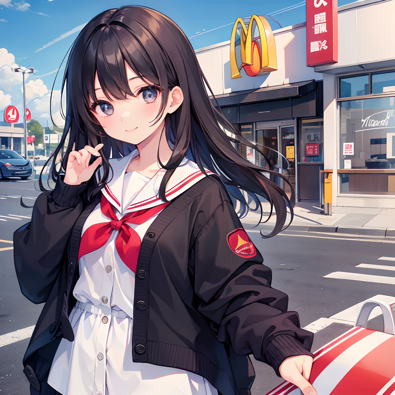 girl with、1 persons、Dark hair、Black eyes、length hair、A smile、Pupils、a sailor suit、Cardigan、mcdonalds