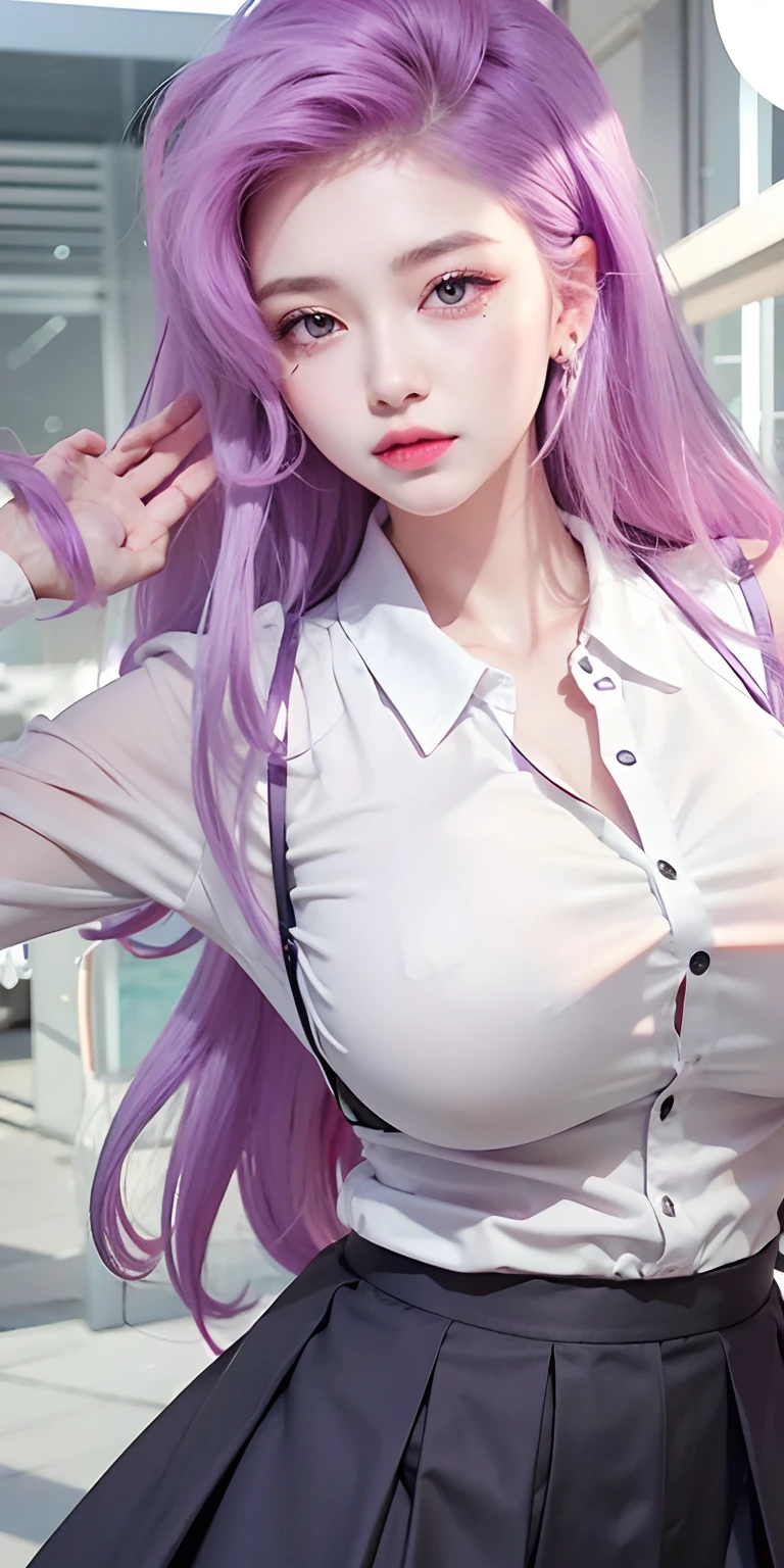 1girl, huge breast, purple hair, long, white shirt, black skirt , ultra detailed