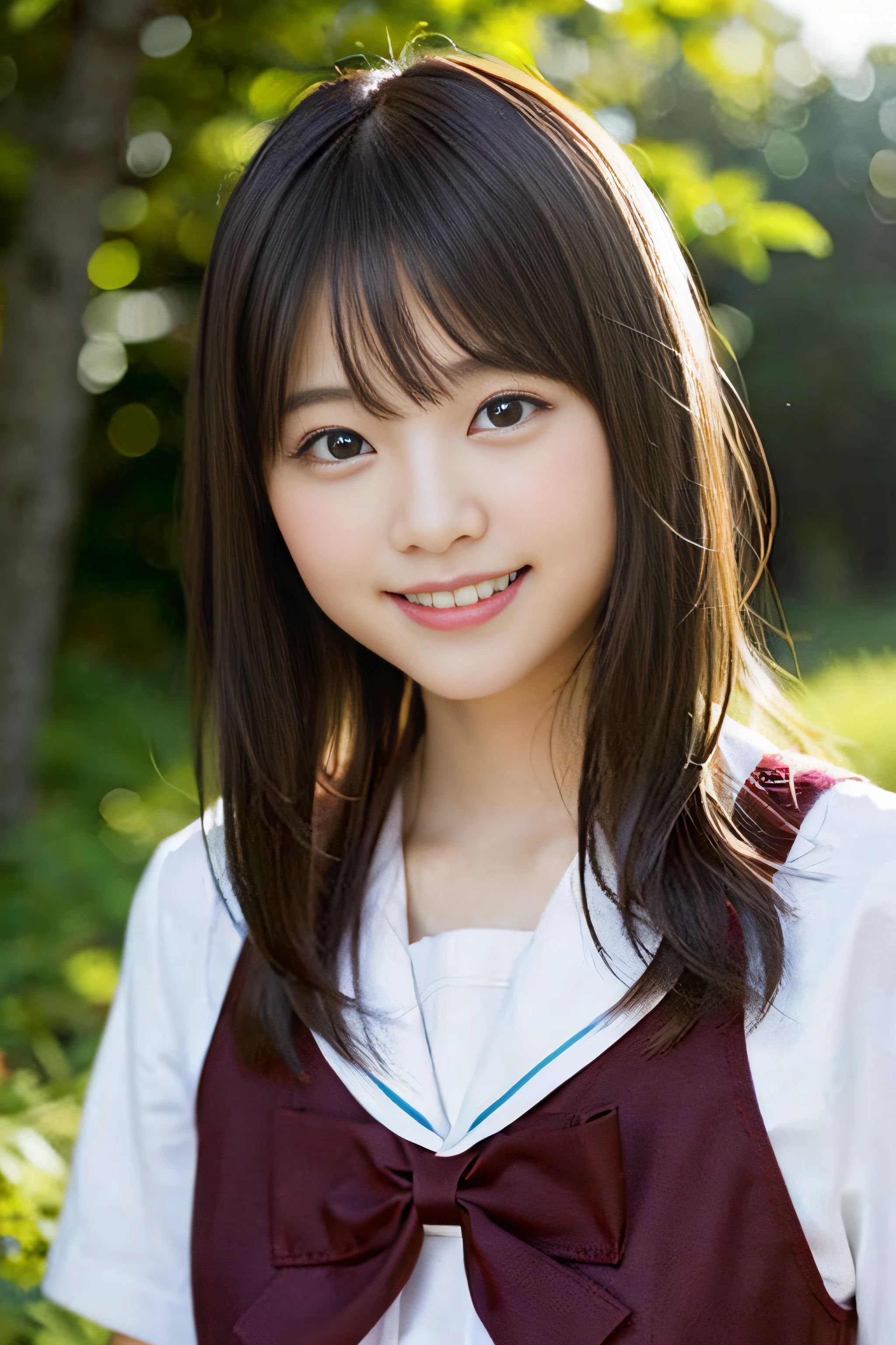(8K、Raw photography、top-quality、masterpiece:1.2)、(realisitic、Photorealsitic:1.37)、ultra-detailliert、超A high resolution、女の子1人、see the beholder、beautifull detailed face、A smile、Constriction、(Slim waist) :1.3)、Beautiful detailed skin、Skin Texture、Floating hair、Professional Lighting、Whole human body、a blond、japanese hight school uniform、a sailor suit、Twin Hairstyles、E-cup、Happy smile、、Red ribbons、a baby face、in woodt through the trees of the rising sun、Deities々Shikai、Hair fluttering in the wind、the wind