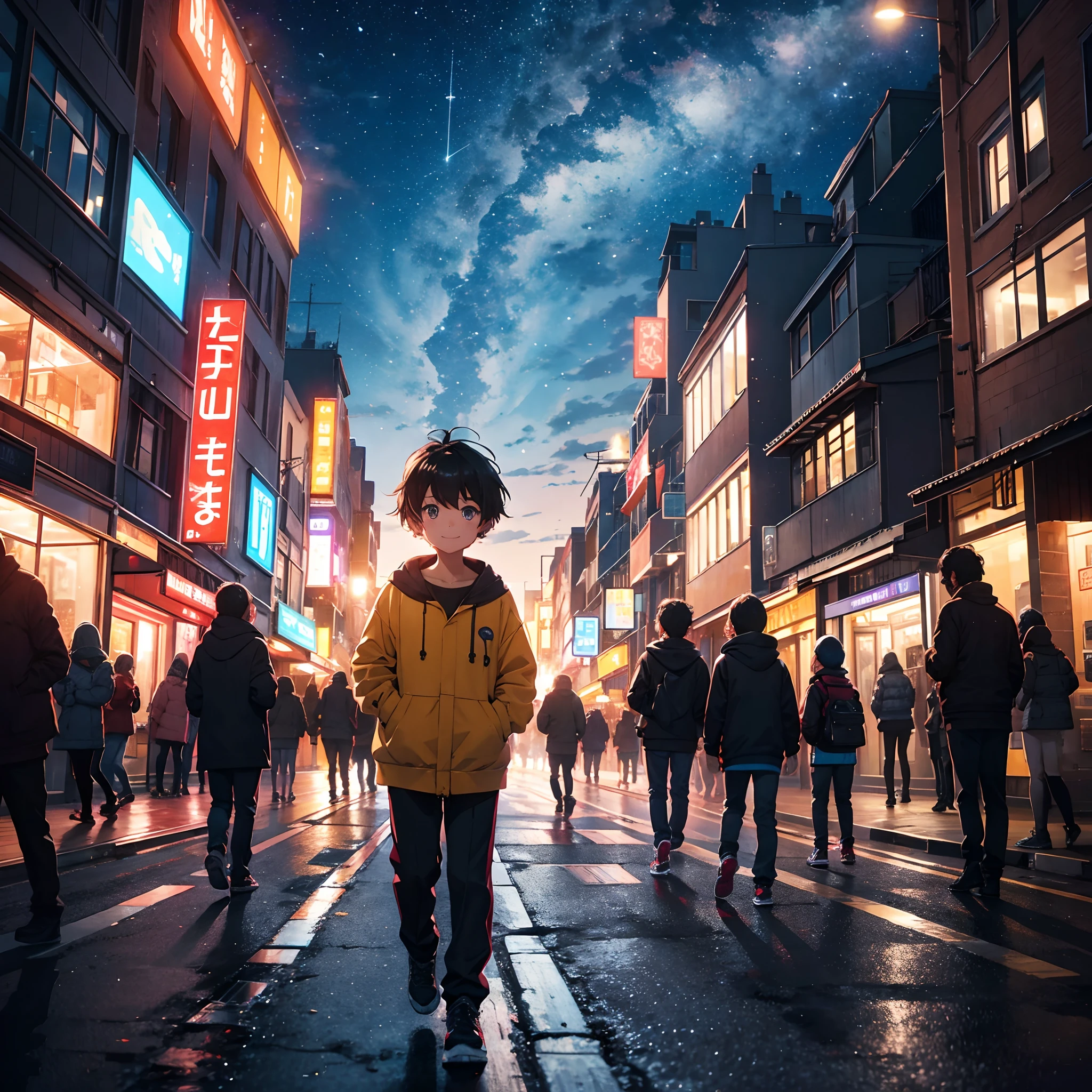 night sky with fiery meteors in the sky, people in the city running desperately, and a five-year-old child with short black hair standing in the middle of the street smiling