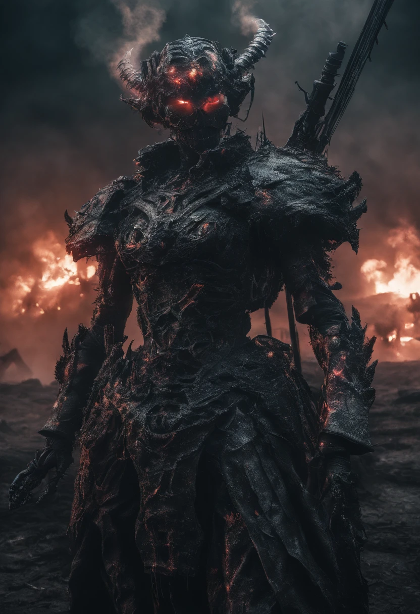 Cyberpunk Succubus Warrior wearing Neon Mecha Armour Holding a Staff in a field of blood, glowing light eyes, Demon wings, Wide Shot, Biomechanical, eerie, Creepy, nightmarish, Very bright neon colours, Light particles, with light glowing, winner of the year's best photo, the world on fire, post-apocalyptic hellscape military photography, photo epic of the year, fire on the horizon, epic cinematic shot, pure form, intricate detail, 8k post-production, High resolution, super Detail,