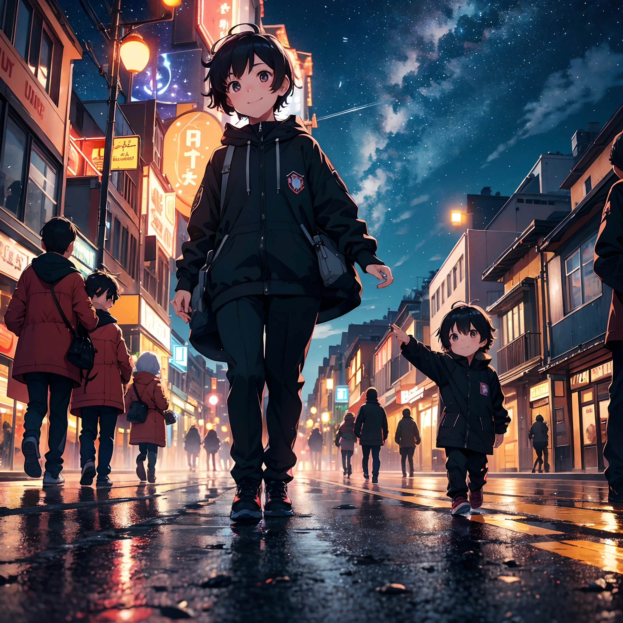 night sky with fiery meteors in the sky, people in the city running desperately, and a five-year-old child with short black hair standing in the middle of the street smiling