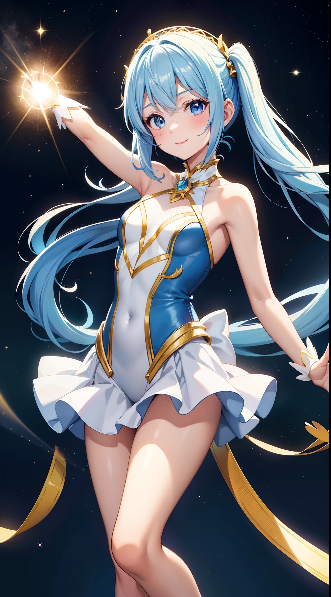 Super Idol　a beauty girl　A charming smile　sky blue hair　length hair　Twin-tailed　skinny　Glittering yellow and white leotard　facing front　Mystical　Fantasia　constellation　a moon　Crystal Brilliance　Aurora Borealis in the Night Sky