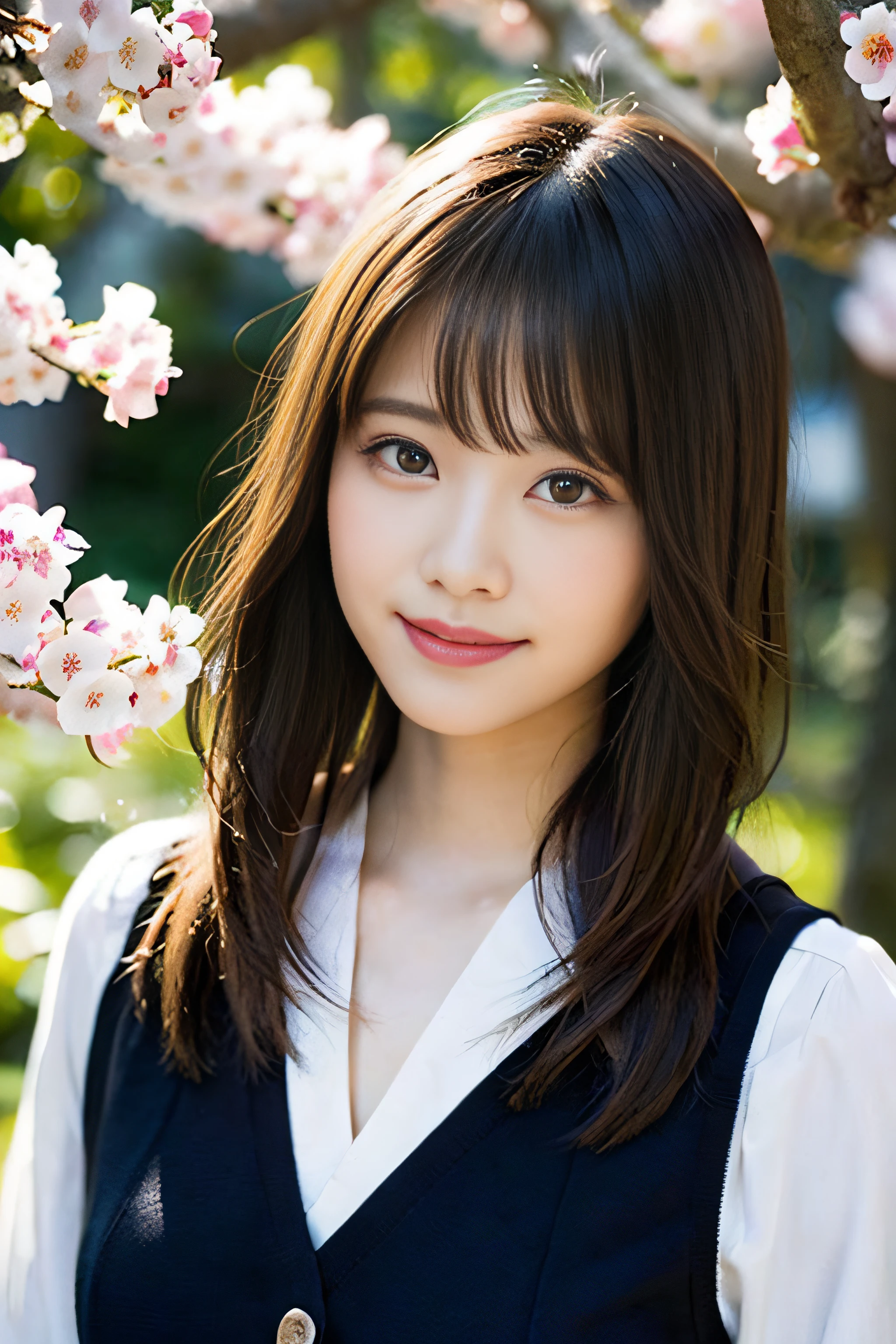 (highest quality,masterpiece:1.3,Ultra-high resolution),(Very detailed,Caustics,8k),(Realistic:1.4,RAW shooting),(Sepia photo),1 girl,Are standing,(Cherry blossom petals are falling),(smile),Looking into the camera,Age 25,cute,Japanese,Black hair medium hair,(White blouse),Black Skirt,glamorous,(Big Breasts),Cherry tree,sun,Natural light,blue sky,Professional Writing,(inclined composition),(Bust up shot),(Low position),(Low angle full body shot)