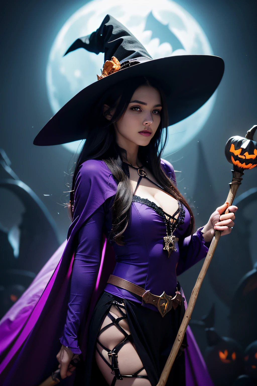 halloween, Costumes for characters in the game, League of Legends role-playing, The witch holds a staff, The staff hangs with a jack-o'-lantern, Wearing a witch's pointed hat, Clothes in the shape of a bat, Purple clothes, metal decoration, Witch badge, Portrait of the area above the thigh, Cinematic lighting, cinematic lighting, Best quality, Textured skin, Anatomically correct, best quality, textured skin, anatomically correct