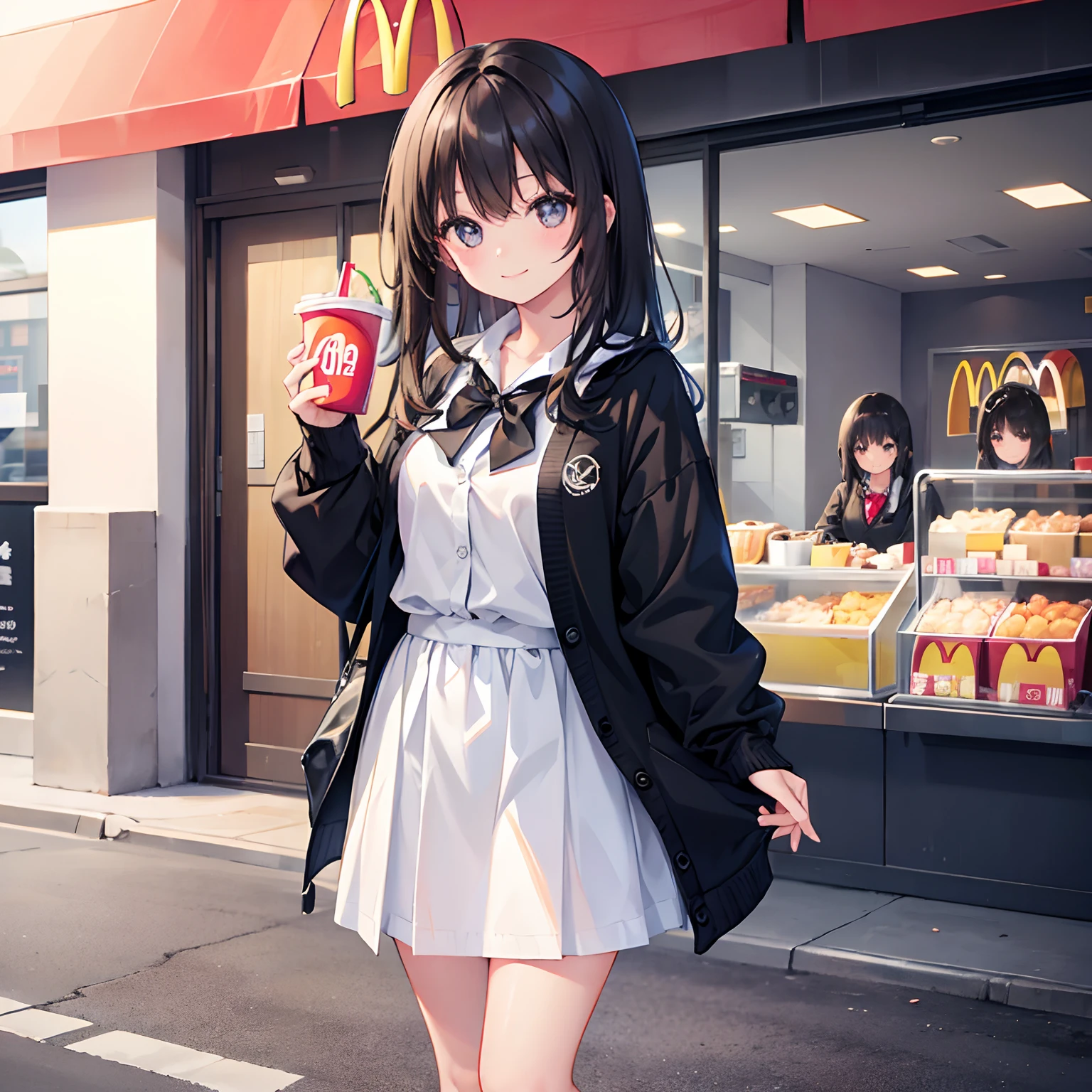 girl with、1 persons、Dark hair、Black eyes、length hair、A smile、Pupils、校服、Cardigan、Shop at McDonald's、fullbody image