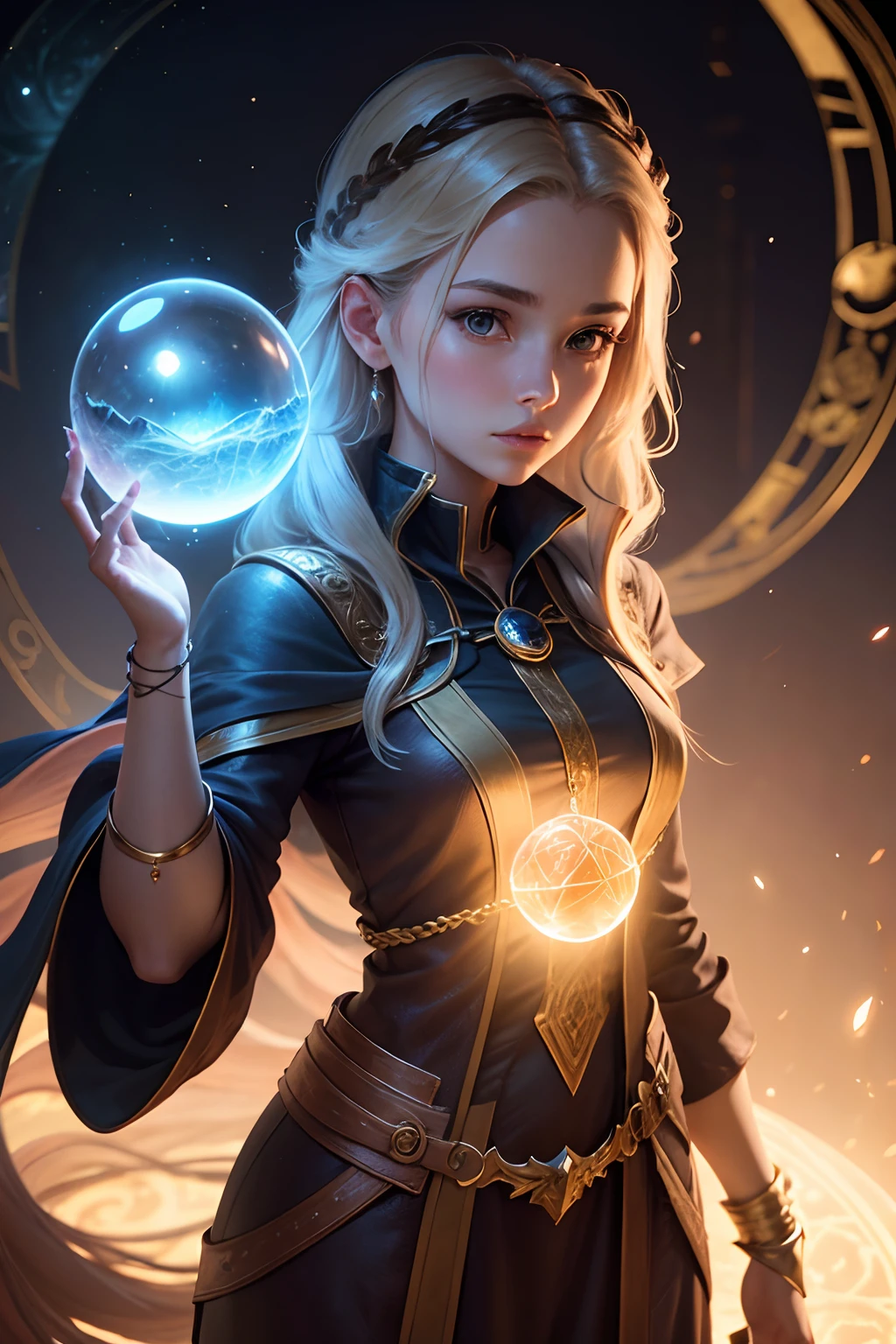 a good painting of a girl holding a glowing orb in her hands with a glowing orb in her hand, and a glowing orb in her hand, 1boy, aurora, beam, biribiri, blue eyes, blue fire, crystal, crystal ball, cupping hands, earrings, earth \(planet\), electricity, energy, energy ball, floating, floating object, foreshortening, galaxy, globe, glowing, glowing weapon, hexagram, hitodama, hologram, holographic interface, ice, jewelry, lightning, magic, magic circle, male focus, night sky, open hands, open mouth, orb, outstretched arm, outstretched hand, planet, pyrokinesis, reaching out, sky, smile, solo, space, sparkler, spread fingers, star \(sky\), starry sky, art by Mind Blaster
