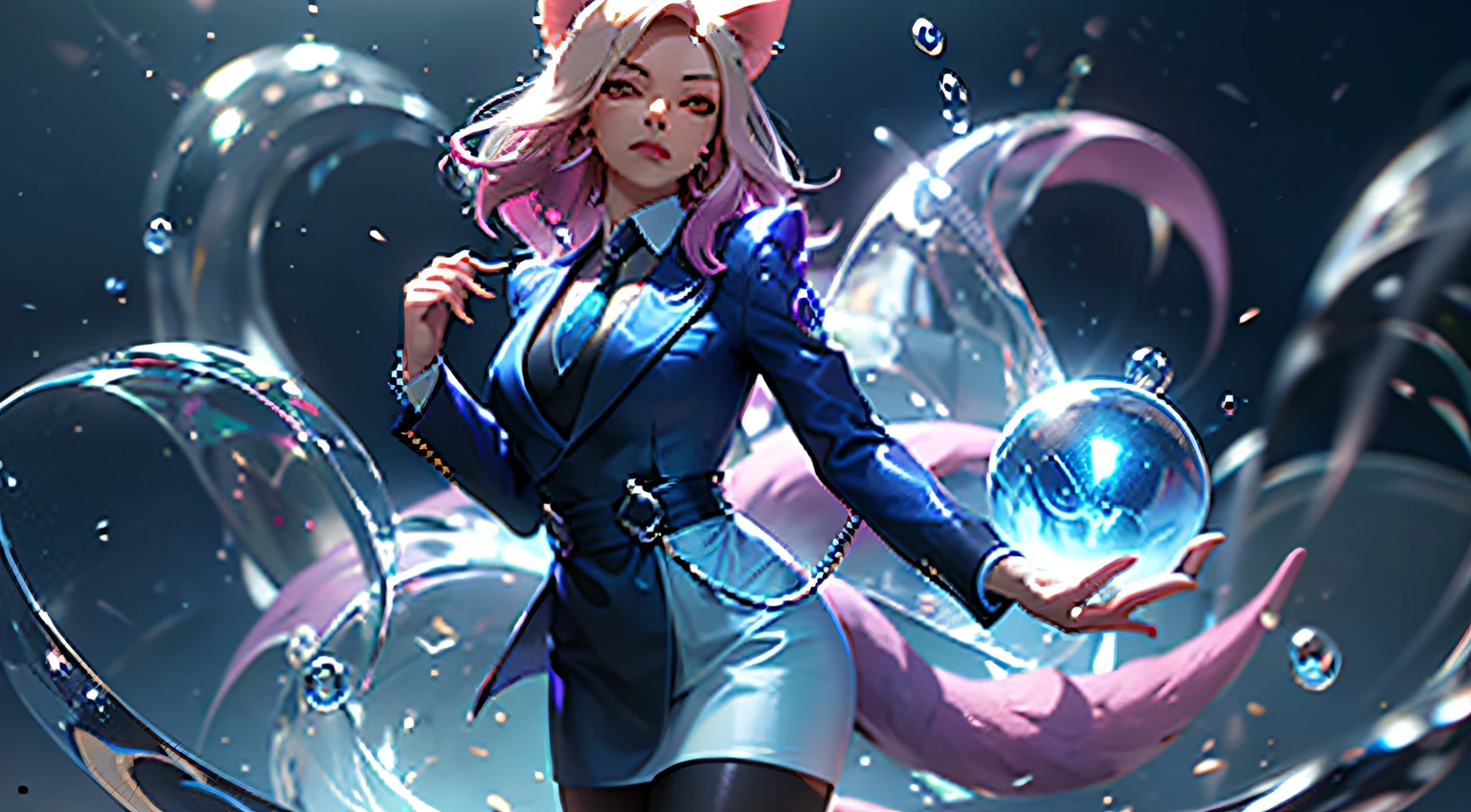 tiara, 1 girl, solo, masterpiece, high quality, perfect face skirt suit, (((dark three-piece suit))), dress shirt, necktie, blazer, suit jacket, waistcoat, bodycon skirt jewelry, earrings, blue skirt, cowboy shooting, sphere, crystal ball, 1 girl water jade tree water, a beaver, a fox \ (League of Legends), K/DA\ (League of Legends), animal ears, face markings, fox ears, fox tail, orange eyes, multiple tails, tail,