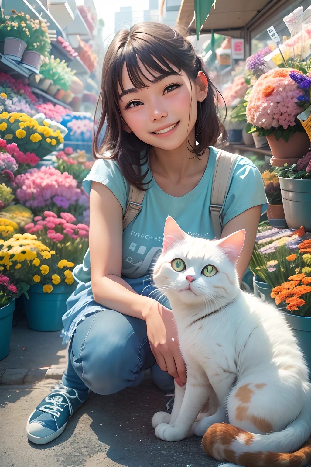 18 years old girl, smiling, and a round-eyed cute cat, Flower market to buy flowers, The décor is blue and white series ,streetview.,