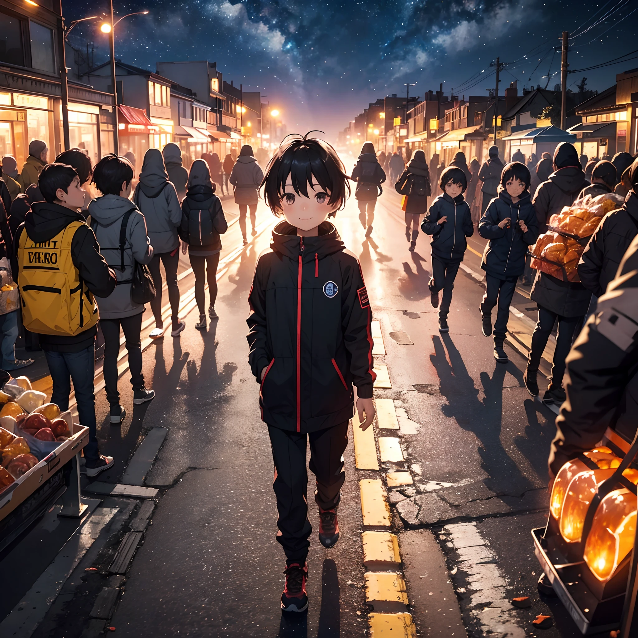 night sky with fiery meteors in the sky, people in the city running desperately, and a five-year-old child with short black hair standing in the middle of the street smiling
