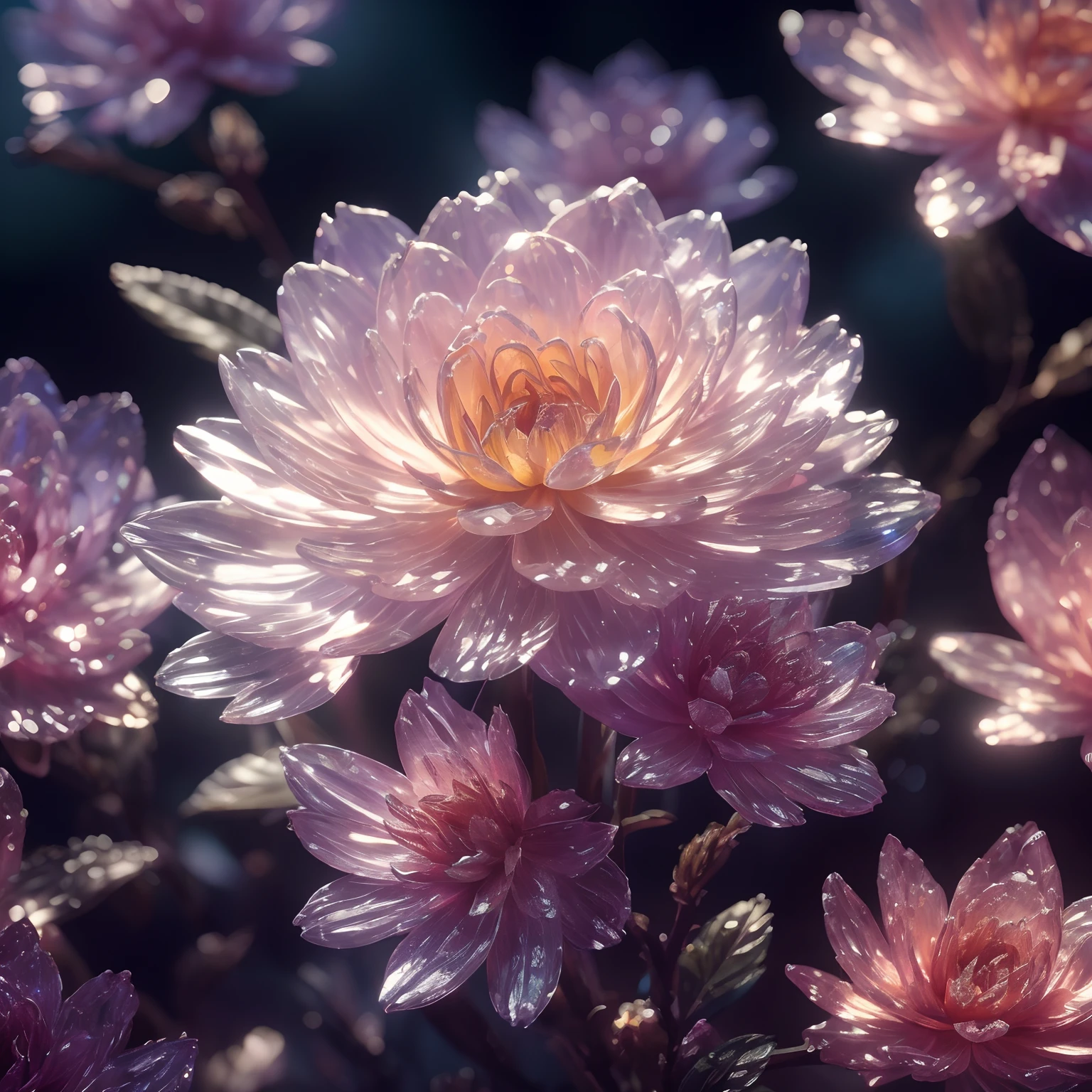 crystal blossom flower,
fantasy, galaxy, transparent, 
shimmering, sparkling, splendid, colorful, 
magical photography, dramatic lighting, photo realism, ultra-detailed, 4k, Depth of field, High-resolution