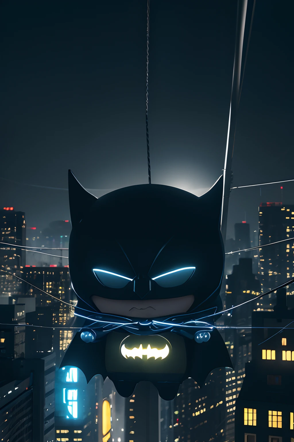 Photorealistic, 8k, cmyk+, dynamic composition, batman with a very very cute character, huddled together on electric wires, gloomy night.