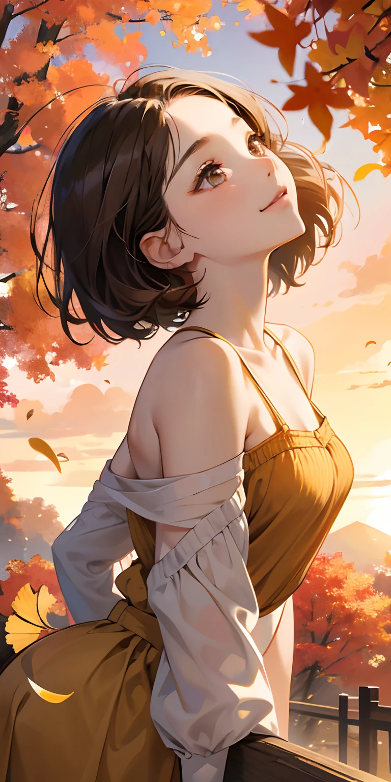 realisticlying、( female child)、Outdoshion、Emphasis on backward buttocks、Dynamic close-up looking up from under a ginkgo tree、Beautiful autumn leaves、Slightly larger breasts with an emphasis on cleavage、Versatile sexy poses、The sky turns red at sunset、Face smile