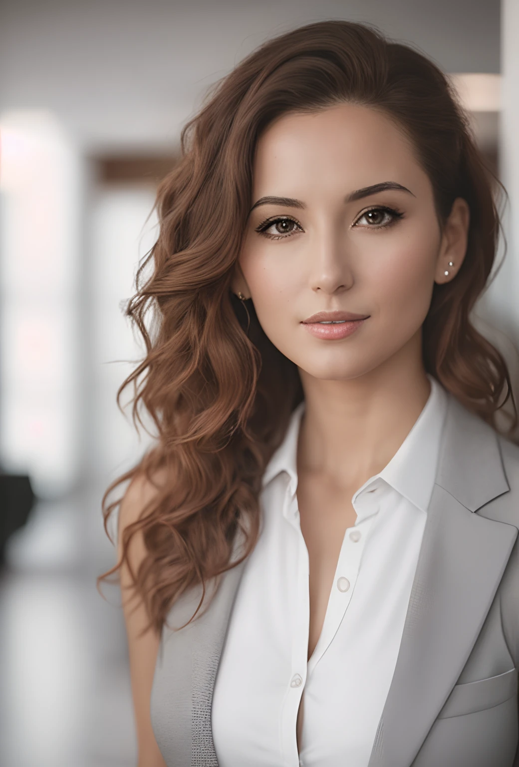 arafed woman with a ladies corporate gray suit with white shirt, posing for a picture, photo of a beautiful woman, 50mm portrait, 60mm portrait, 7 0 mm portrait, photo of a woman, cinematic headshot portrait, soft portrait shot 8 k, attractive ginger hair woman, attractive woman, portrait of a beautiful model, 50 mm lens photo portrait, attractive face and body
