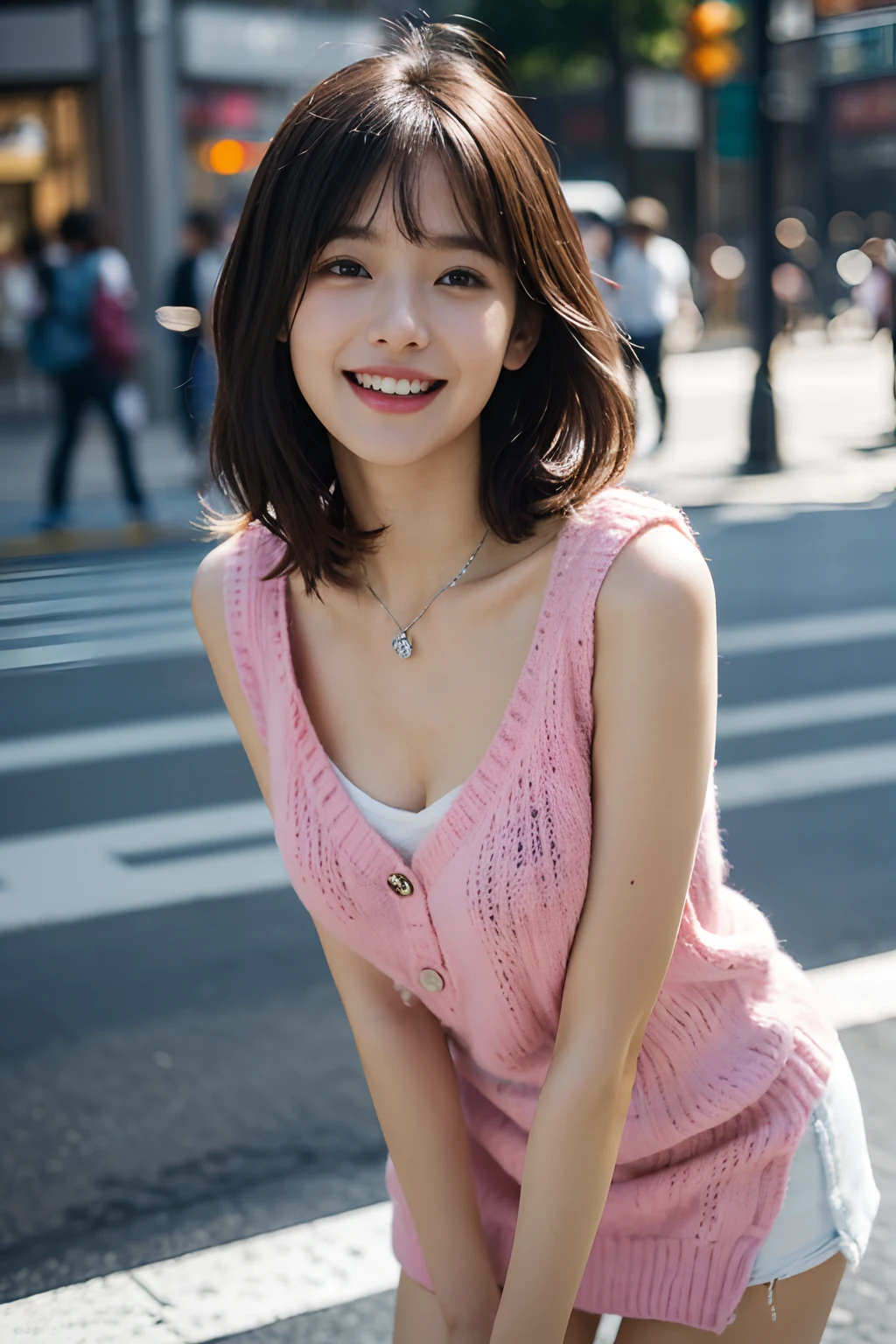 ((((top-quality))))、(((Ultra Precision CG16K Wallpapers)))、(((​masterpiece)))、(((ultra-detailliert)))、(((Ultra-extreme details)))、One woman、a matural female、24-year-old woman、((Japanese face))、((extremely beautiful face))、Short Bob Hair、Bangs up to the eyebrows、Beautiful brown hair、Beautiful delicate eyes、Brown eyes、lofty nose、small nostrils、seductive lips、Half-open mouth、Beautiful breasts、C-cup size breasts、cleavage of the breast、beautiful proportion、perfect anatomia、Beautiful and detailed shading、Beautiful soft lighting、Beautiful detail glow、depth of fields、(((a high chroma)))、((realisitic:1.9))、((Beautiful skin))、((Skin texture))、((Vivid：1.4))、dynamic ungle、((Thigh to head angle))、((Shy laughter))、((Shake your head))、Bright sunshine、((Pink knitwear))、((White miniskirt))、(sleeveless)、((Shibuya Scramble Crossing))、(Background blur)、(Silver Necklace)、