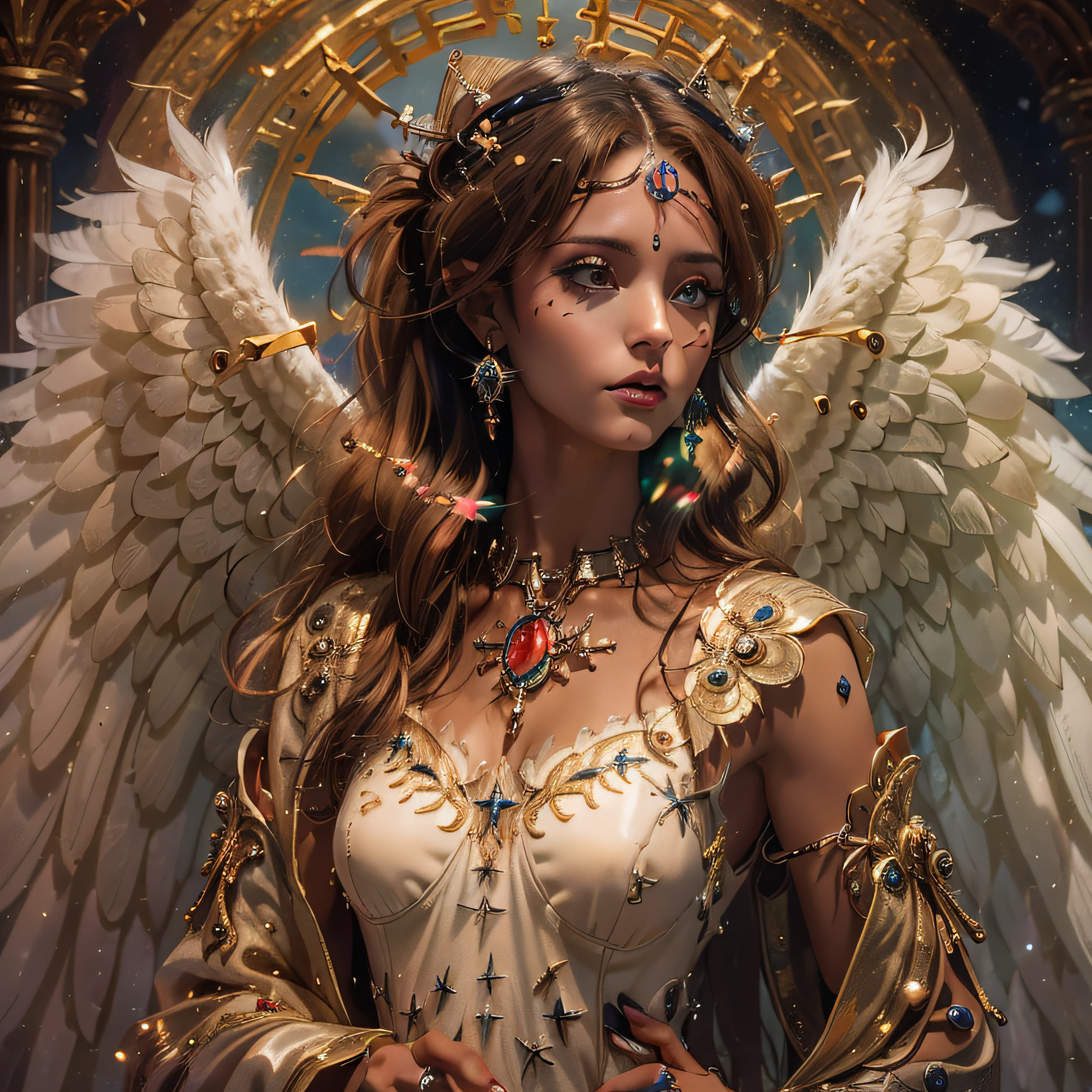a picture of a female angel playing the pipe organ in church, a beautiful female angel, full body shot, ultra detailed face, ultra feminine, angel_wings spread angelic wings, red hair, wavy hair, dynamic eyes color, dynamic divine clothing, atmosphere of serenity, divine atmosphere playing pipe organ in church, catholic church background, fantasy art, RPG art, best details, best quality, 16K, [ultra detailed], masterpiece, best quality, (ultra detailed), full body, ultra wide shot, photorealistic