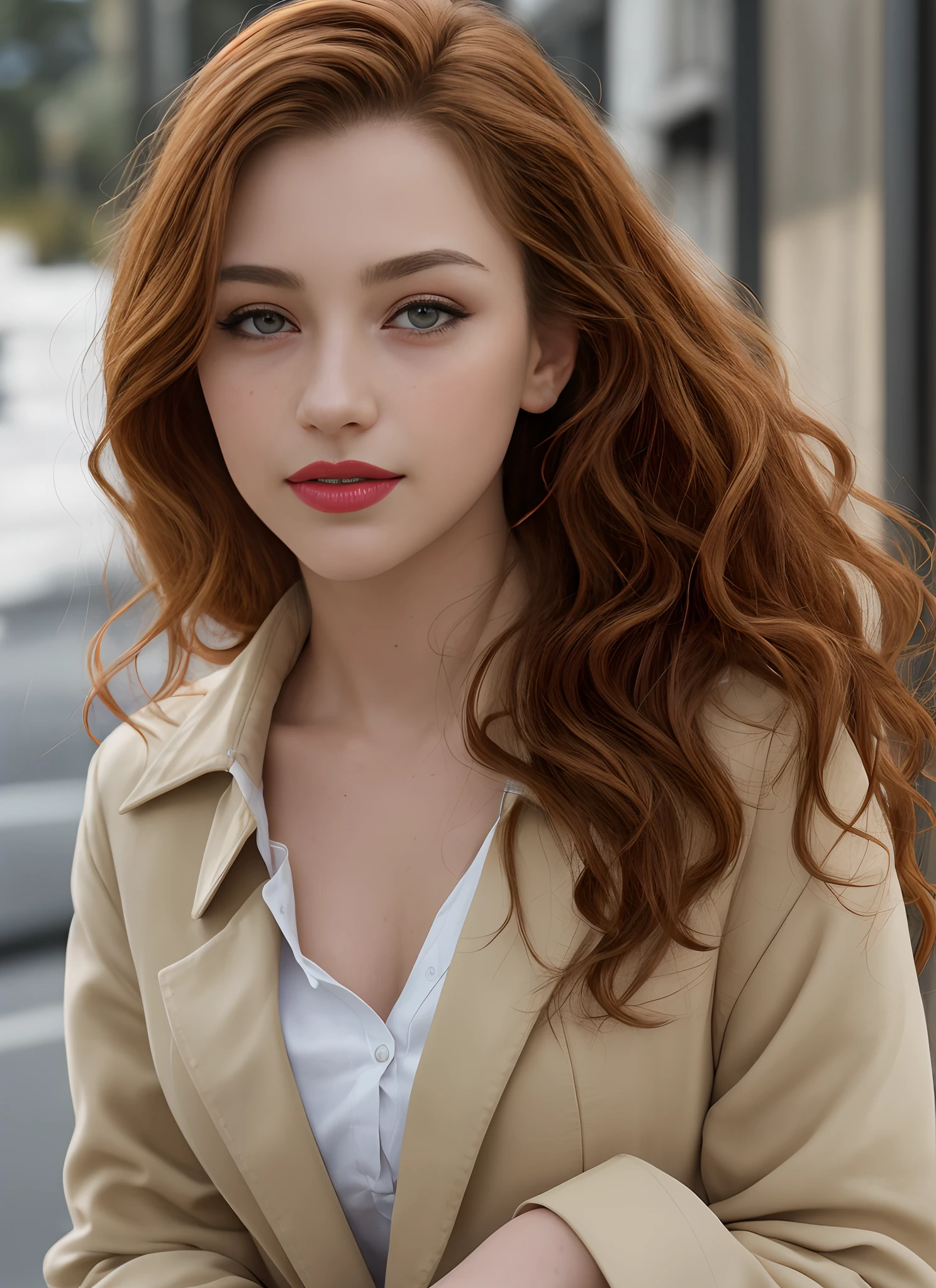 masterpiece, realistic, detailed eyes, beautiful, looking at the viewer, natural lighting, depth of field, film grain, wrinkled skin, 24yo, female, solo, wavy long red viola hair, yellow brown eyes, brown skin, red lips, formal white shirt with black jackets , freckles, smile, lips, upper body, Portrait, Close-up, Front view, Exterior