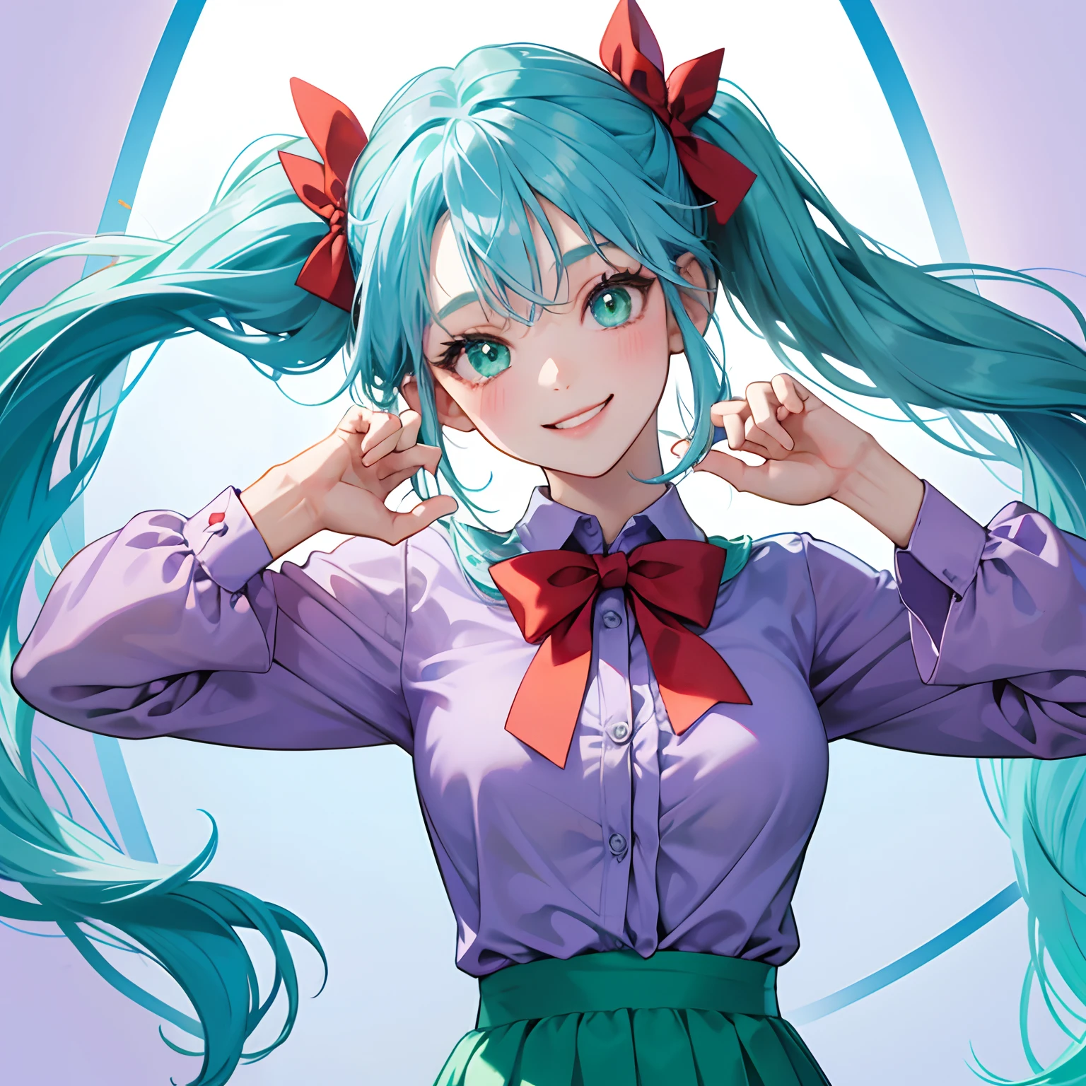 1Girl,solo,light blue hair,cute pigtails,green eyes,cute poses, medium boobs, purple clothes,red bow tie at shirt, smiling,long hair,wacky poses,good background, pigtails,red tie,green eyes, short pants,