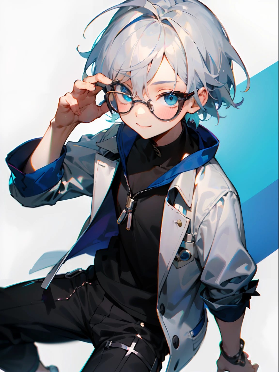 (Male child, blue eyess,eye glasses,A smile, silber hair)