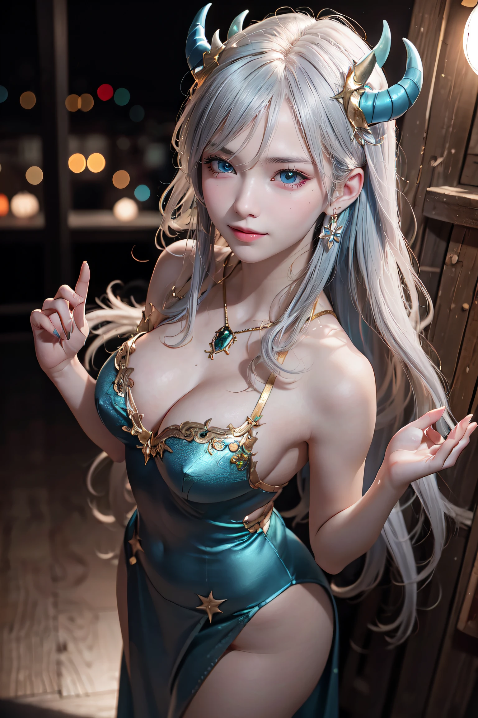 masterpiece, top-quality, top-quality, Beautifully Aesthetic:1.2, 1girl, Halloween night, ((Wearing a Orange with Green and Gold classy devil costume)), high detailed, ((Blue eyes:1.8)), Standing with hands on waist, large breasts, firm breast, nicely shaped breasts, slender figure,
((Gray hair, Red colored inner hair)), wavy hair, (medium long hair:1.2), (asymmetrical bangs:1.2),
in the Halloween party venue at late night, (Cowboy shot:1.1), From above,
