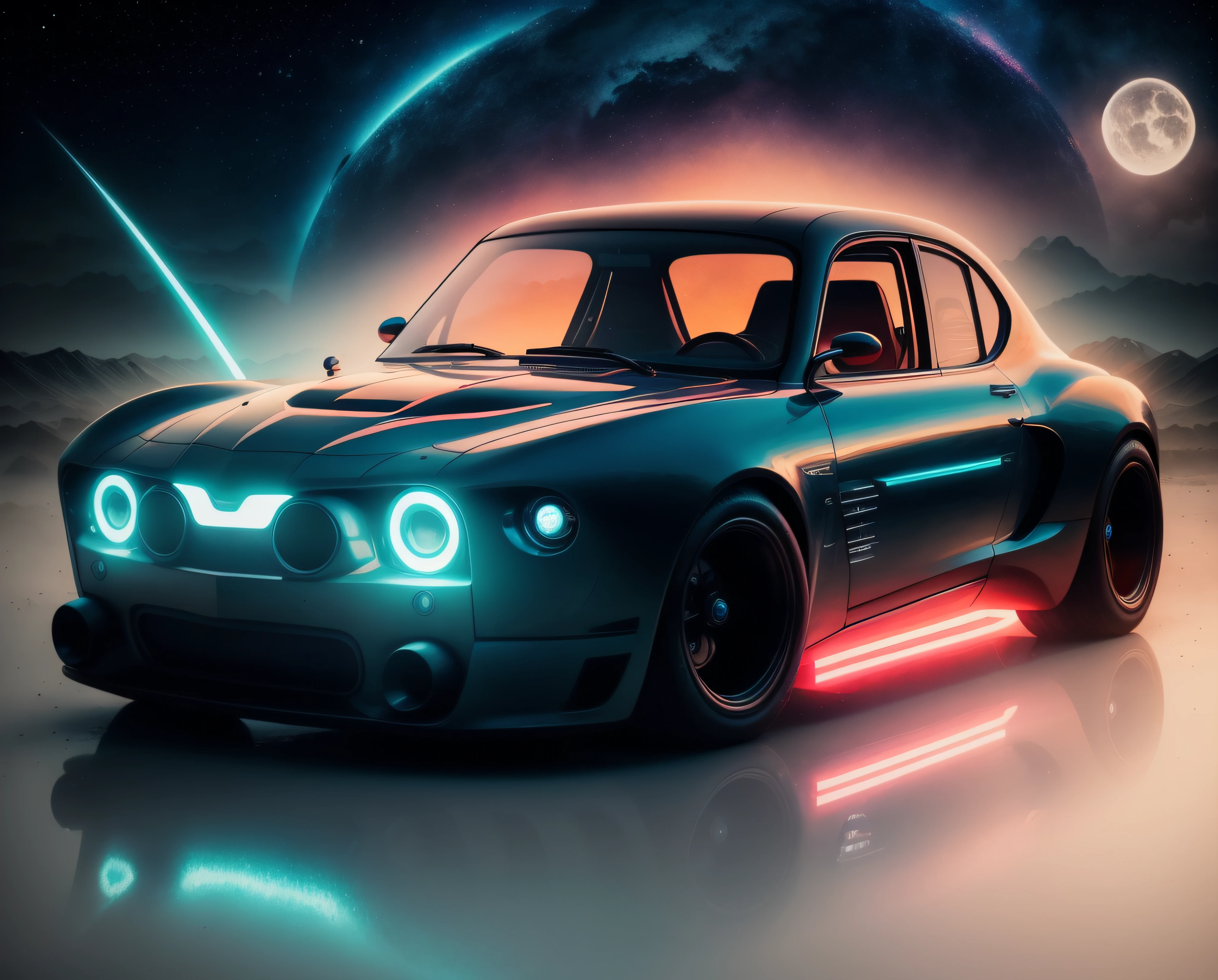 EStilo futurista, luces de neon, Un primer plano de un coche, fondo futuristico de noche, luces de neon, cuerpo ancho, Surrealist illustration, Arte oscuro surrealista, obra maestra, hiperrealista, lluvia, alta definicion